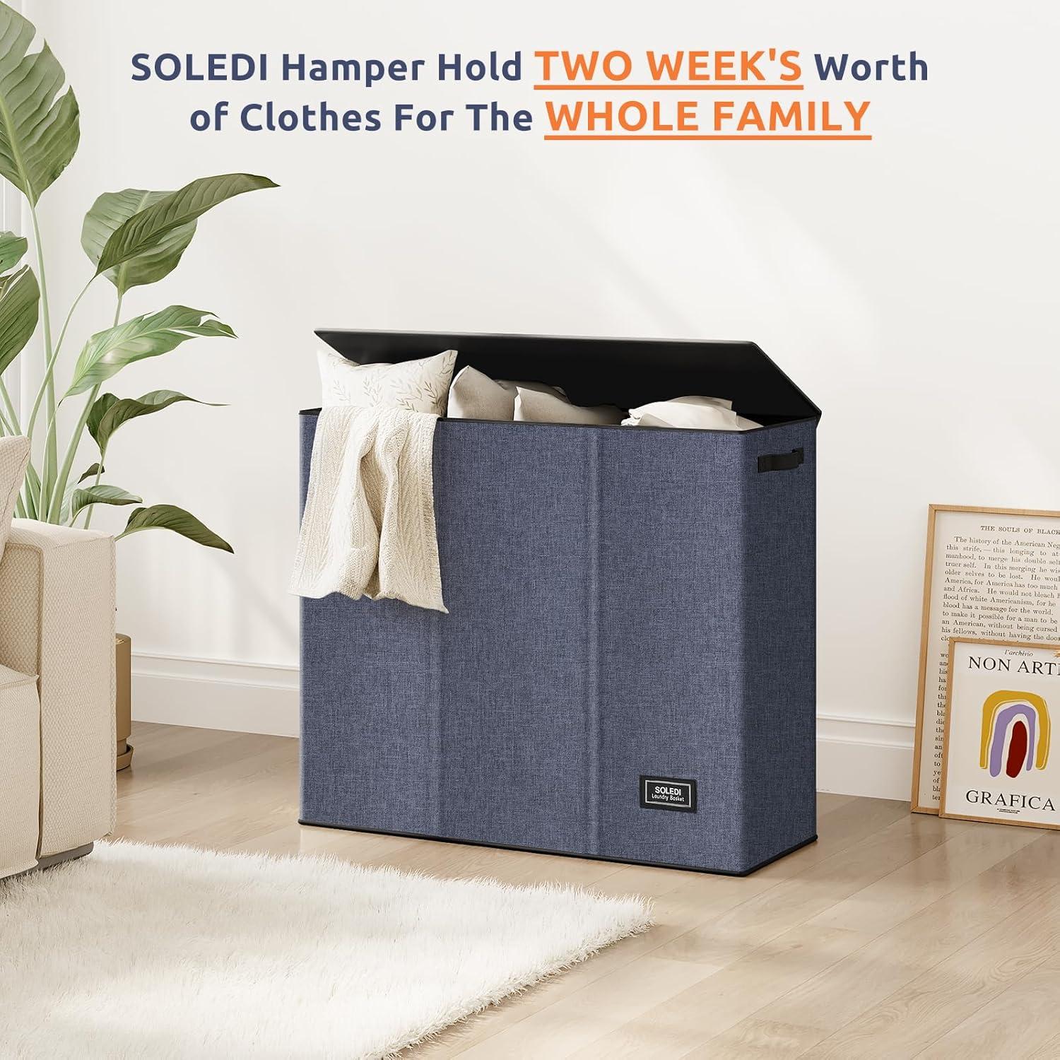 imageSOLEDI 180L Laundry Hamper 3 Section Extra Large Laundry Hamper with Lid Dirty Clothes Hamper with Sturdy Handle Large Laundry Basket Organizer for Laundry Room Bedroom Hampers for LaundryNavy blue