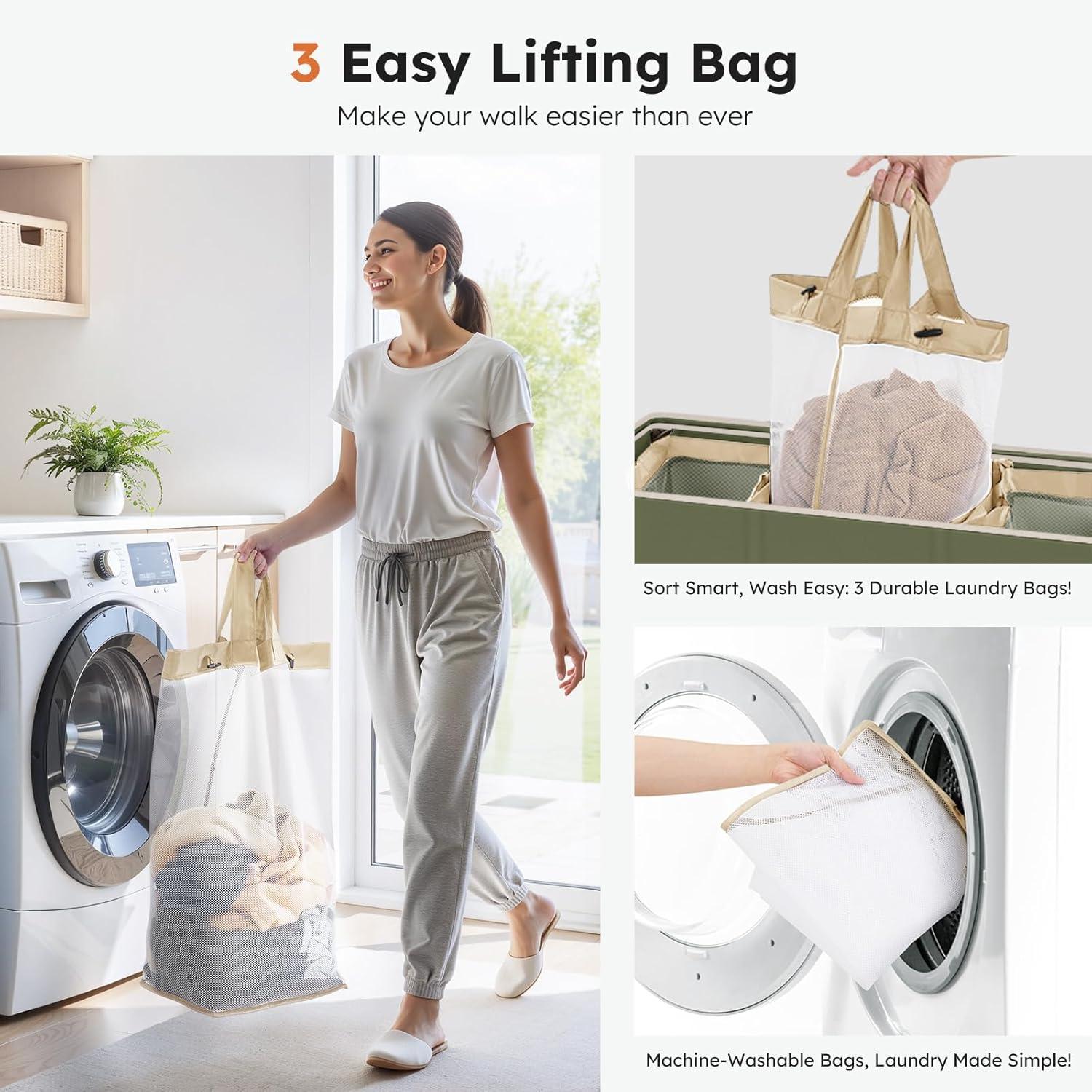 imageSOLEDI 180L Laundry Hamper 3 Section Extra Large Laundry Hamper with Lid Dirty Clothes Hamper with Sturdy Handle Large Laundry Basket Organizer for Laundry Room Bedroom Hampers for LaundryAvocado Green