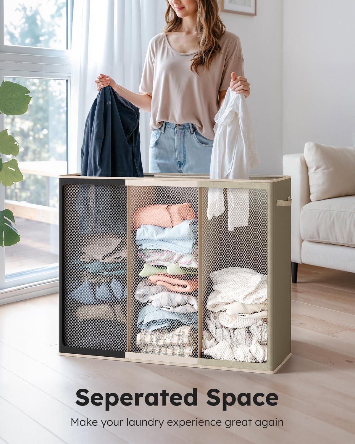 imageSOLEDI 180L Laundry Hamper 3 Section Extra Large Laundry Hamper with Lid Dirty Clothes Hamper with Sturdy Handle Large Laundry Basket Organizer for Laundry Room Bedroom Hampers for LaundryBlackWhiteMoon Grey