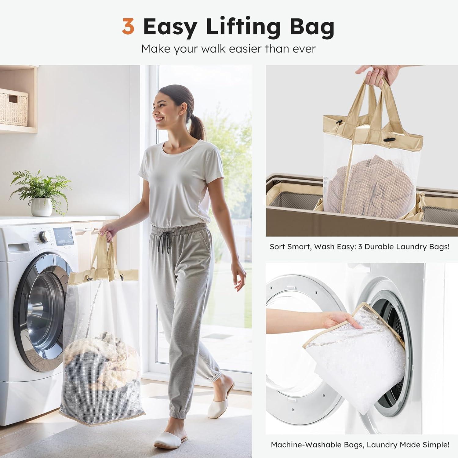 imageSOLEDI 180L Laundry Hamper 3 Section Extra Large Laundry Hamper with Lid Dirty Clothes Hamper with Sturdy Handle Large Laundry Basket Organizer for Laundry Room Bedroom Hampers for LaundryChocolate Brown