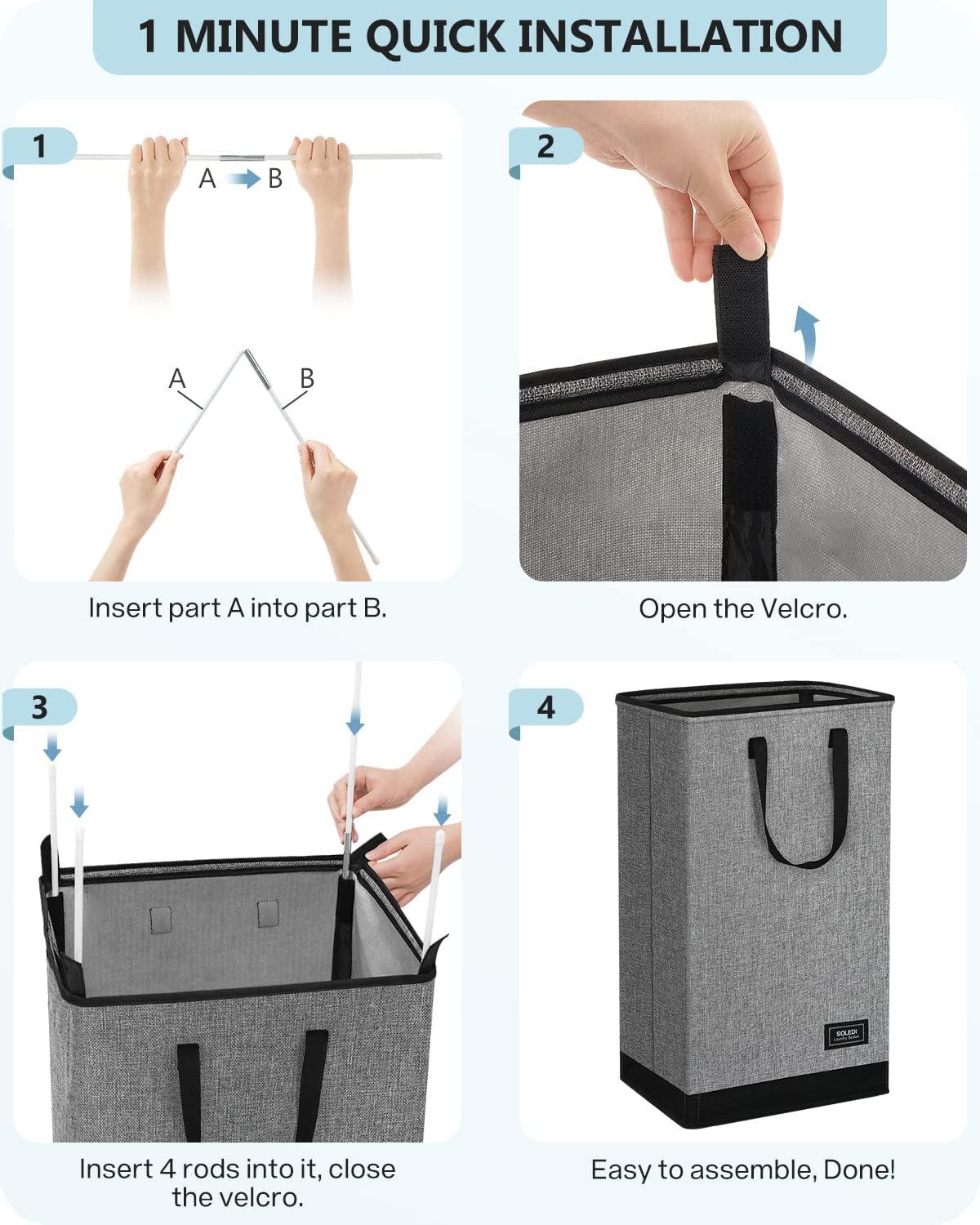 imageSOLEDI 70L Slim Laundry Hamper Foldable Laundry Basket with Handle Small Hampers for Clothes Carry and Move Corner Narrow Laundry Hamper for Bedroom Bathroom Dorm College Grey