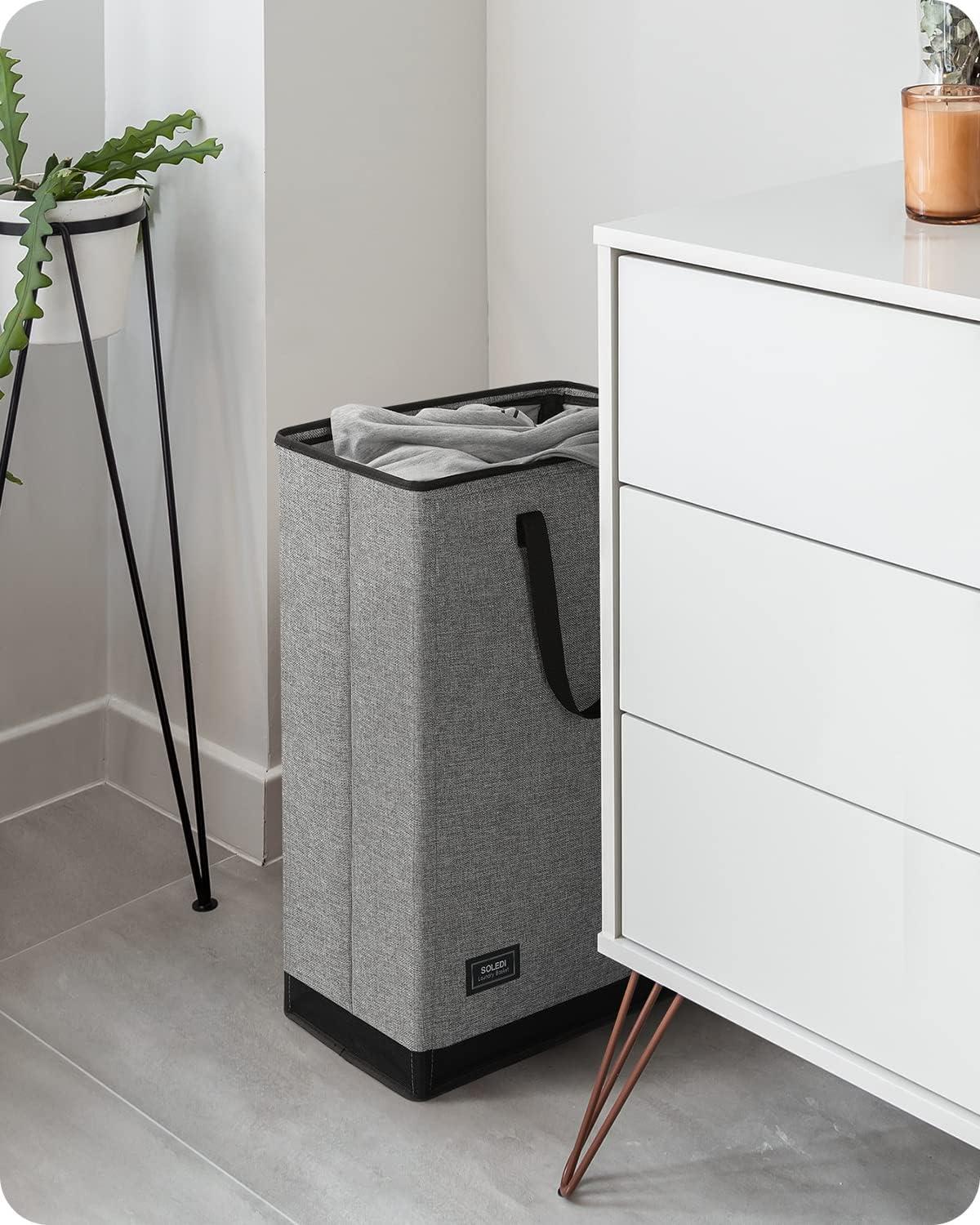 imageSOLEDI 70L Slim Laundry Hamper Foldable Laundry Basket with Handle Small Hampers for Clothes Carry and Move Corner Narrow Laundry Hamper for Bedroom Bathroom Dorm College Grey