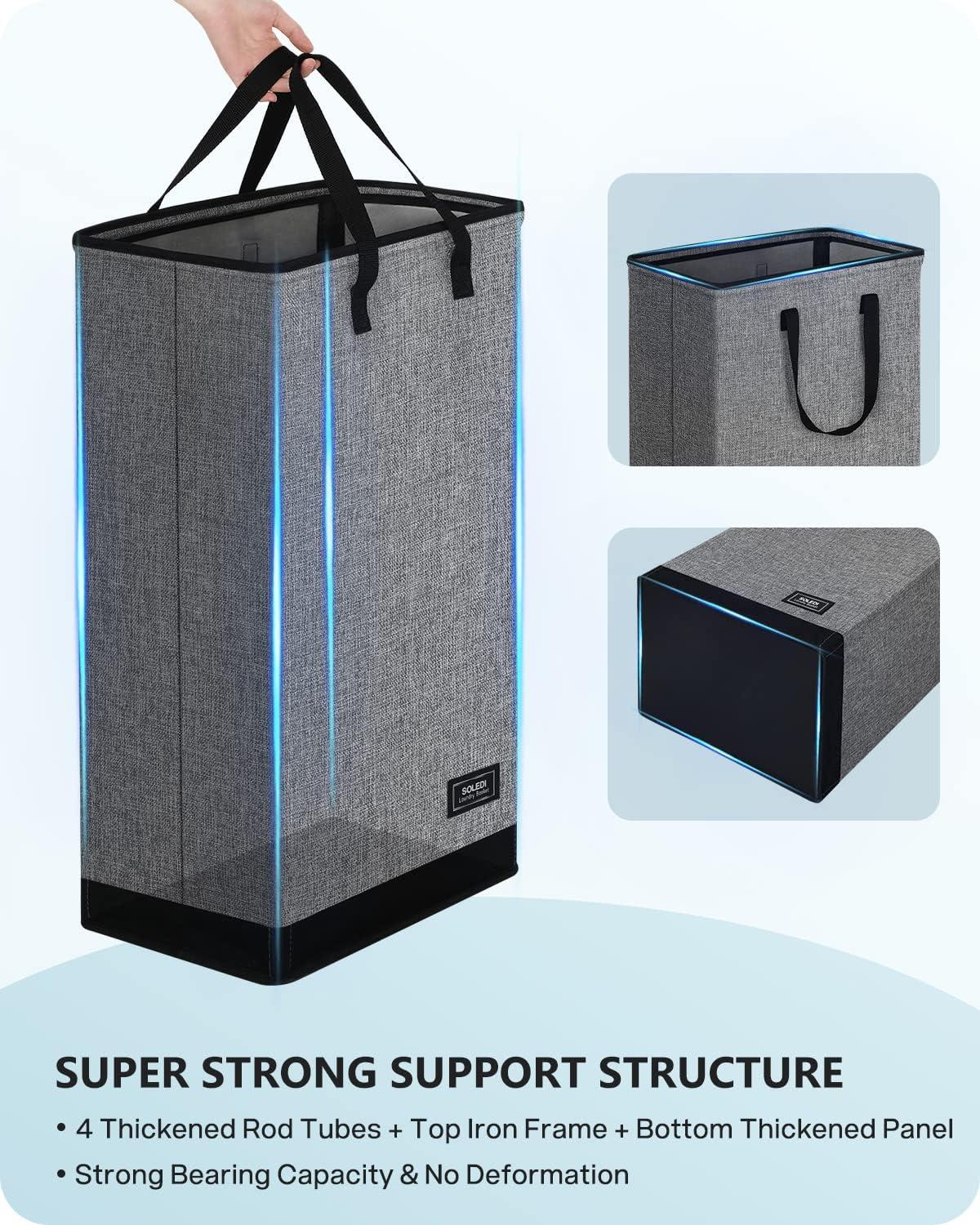 imageSOLEDI 70L Slim Laundry Hamper Foldable Laundry Basket with Handle Small Hampers for Clothes Carry and Move Corner Narrow Laundry Hamper for Bedroom Bathroom Dorm College Grey