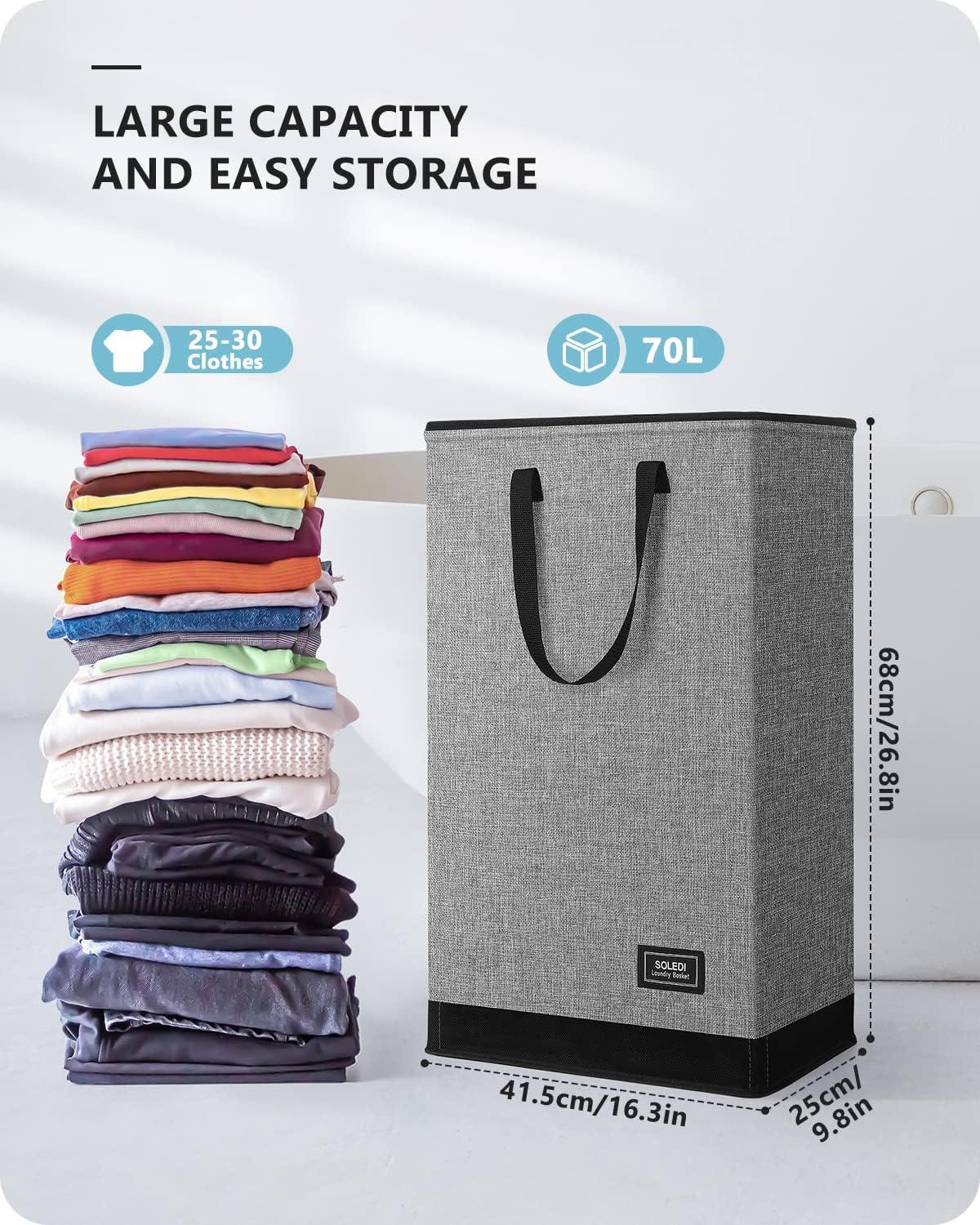 imageSOLEDI 70L Slim Laundry Hamper Foldable Laundry Basket with Handle Small Hampers for Clothes Carry and Move Corner Narrow Laundry Hamper for Bedroom Bathroom Dorm College Grey