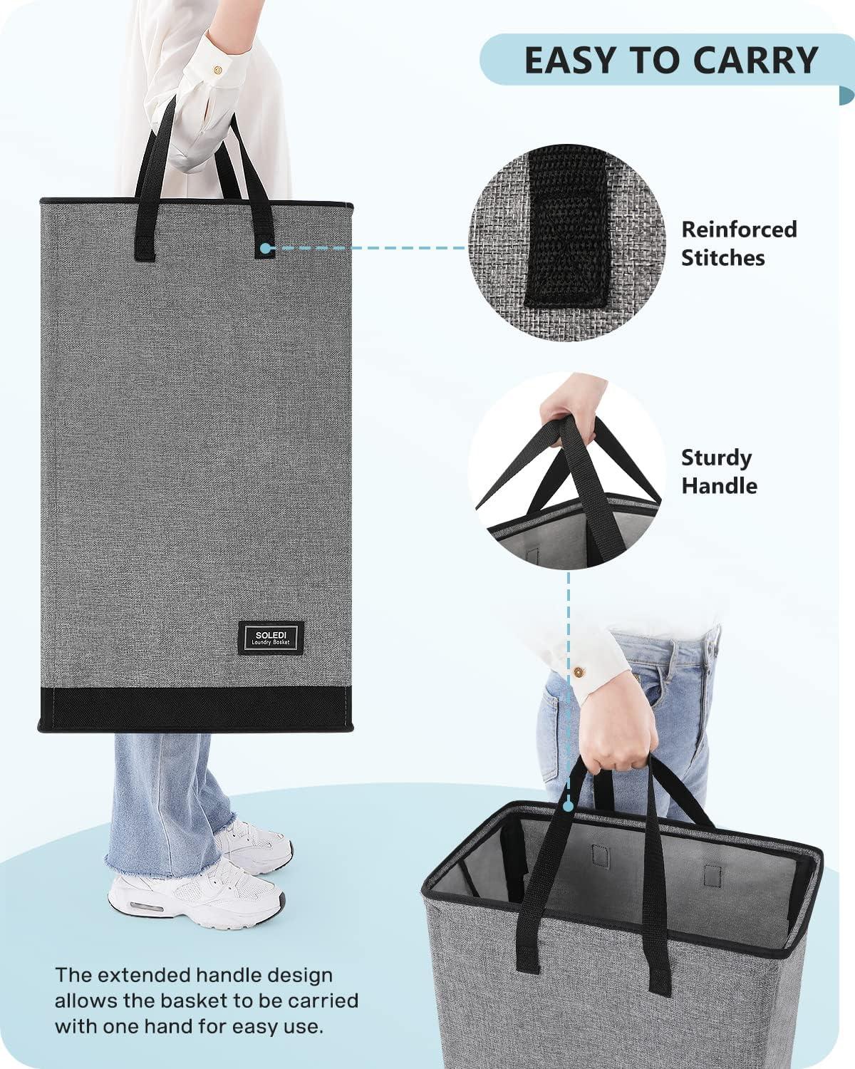 imageSOLEDI 70L Slim Laundry Hamper Foldable Laundry Basket with Handle Small Hampers for Clothes Carry and Move Corner Narrow Laundry Hamper for Bedroom Bathroom Dorm College Grey