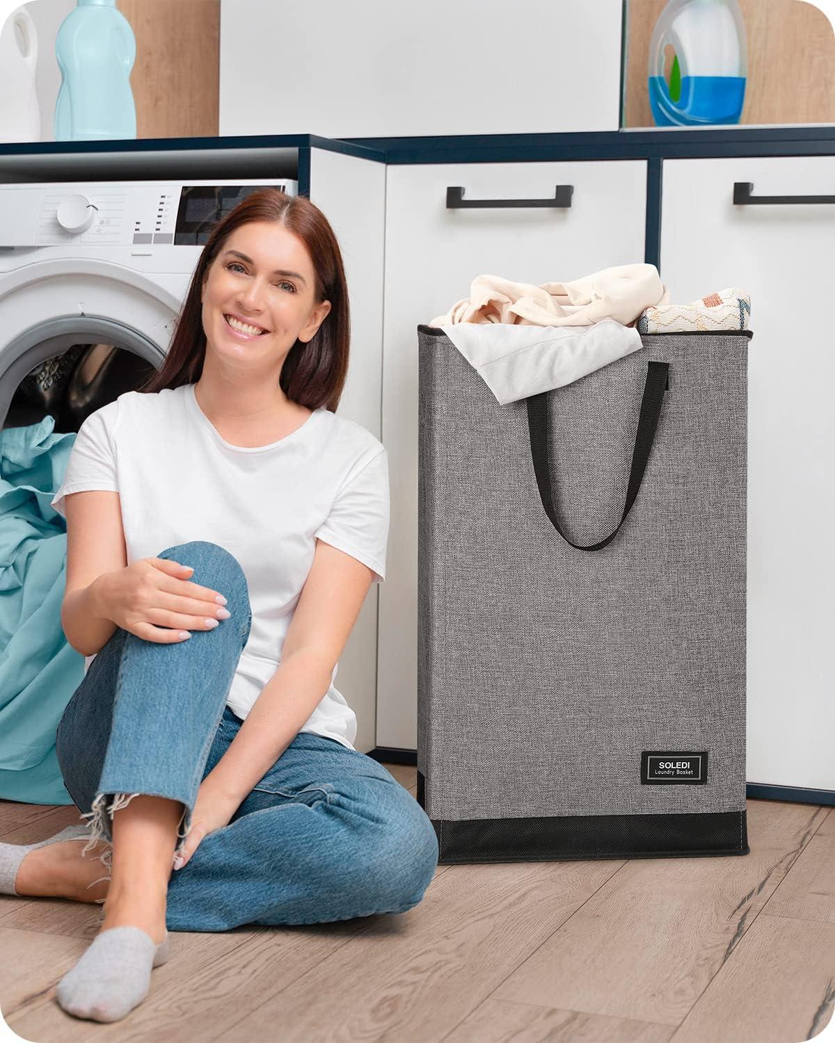 imageSOLEDI 70L Slim Laundry Hamper Foldable Laundry Basket with Handle Small Hampers for Clothes Carry and Move Corner Narrow Laundry Hamper for Bedroom Bathroom Dorm College Grey