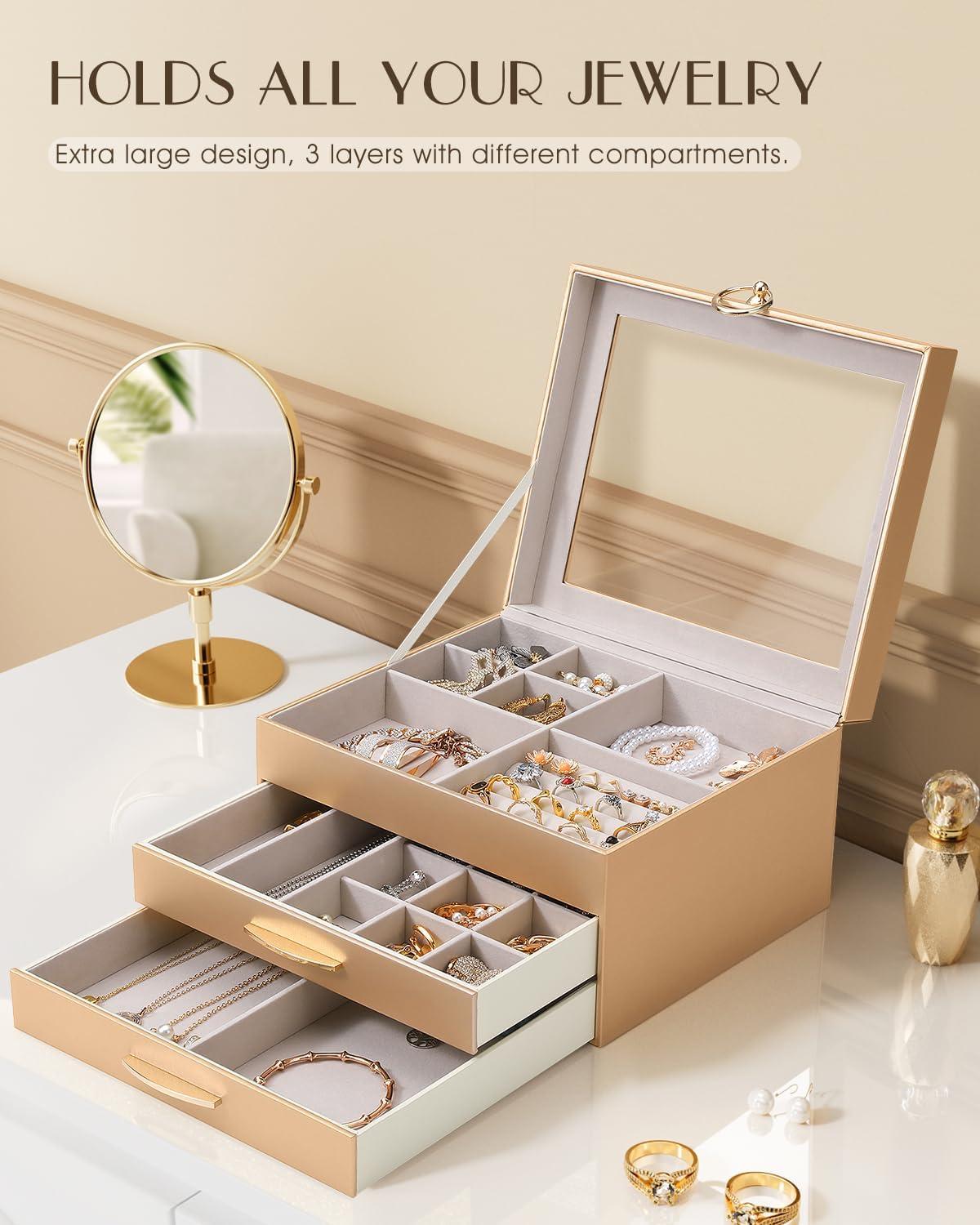 imageSOLEDI Christmas Gift Jewelry Box for Women Elegant Jewelry Organizers and Storage 3Layer 2 Drawers with Glass Lid 102876 inches Jewelry Storag WhiteGold