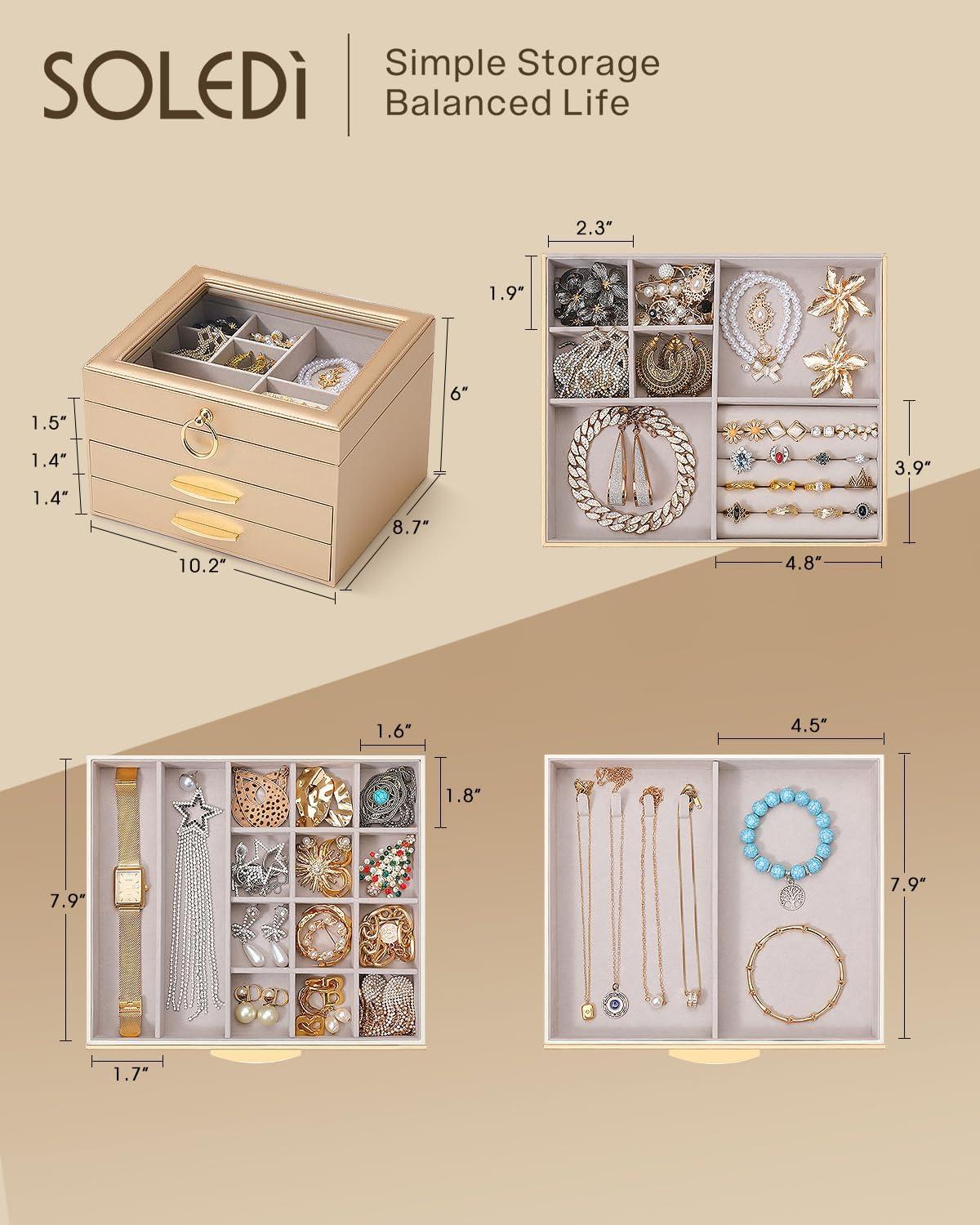 imageSOLEDI Christmas Gift Jewelry Box for Women Elegant Jewelry Organizers and Storage 3Layer 2 Drawers with Glass Lid 102876 inches Jewelry Storag WhiteGold