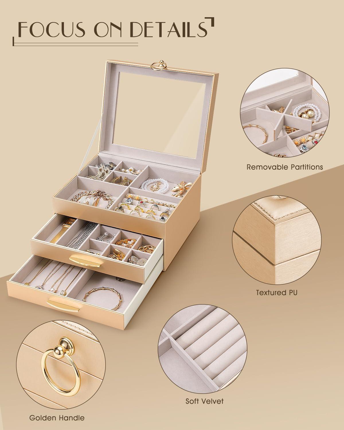 imageSOLEDI Christmas Gift Jewelry Box for Women Elegant Jewelry Organizers and Storage 3Layer 2 Drawers with Glass Lid 102876 inches Jewelry Storag WhiteGold