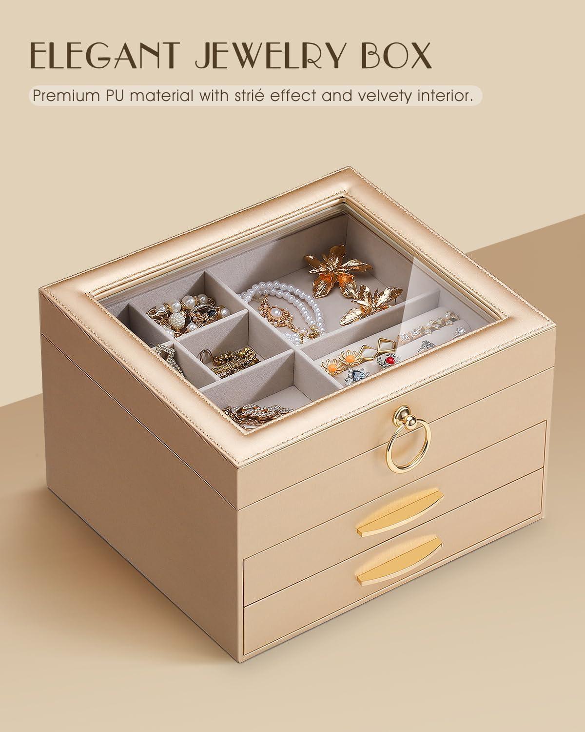 imageSOLEDI Christmas Gift Jewelry Box for Women Elegant Jewelry Organizers and Storage 3Layer 2 Drawers with Glass Lid 102876 inches Jewelry Storag WhiteGold