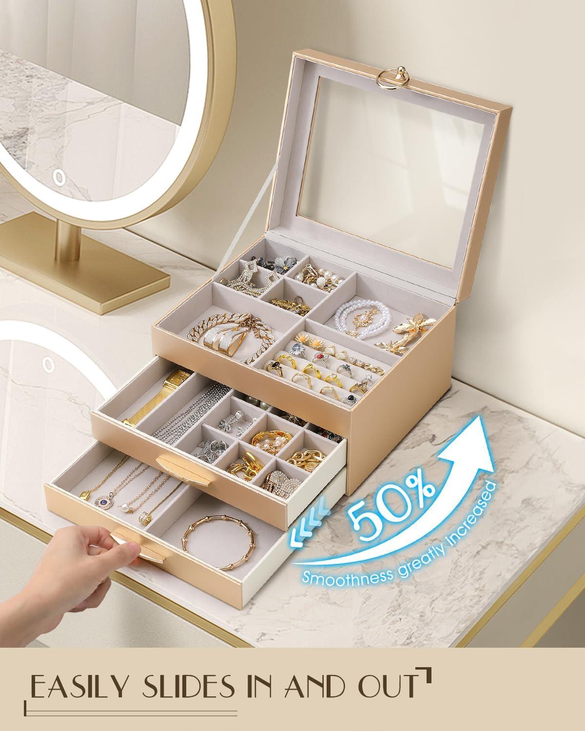 imageSOLEDI Christmas Gift Jewelry Box for Women Elegant Jewelry Organizers and Storage 3Layer 2 Drawers with Glass Lid 102876 inches Jewelry Storag WhiteGold