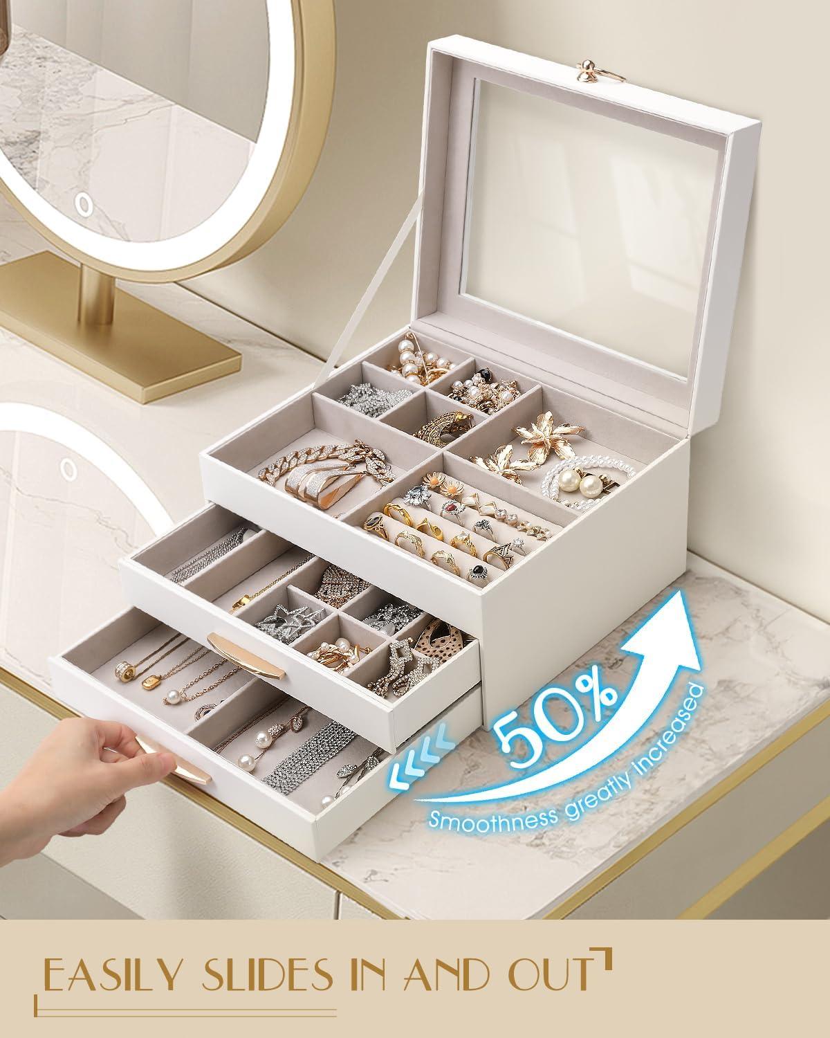 imageSOLEDI Christmas Gift Jewelry Box for Women Elegant Jewelry Organizers and Storage 3Layer 2 Drawers with Glass Lid 102876 inches Jewelry Storag WhiteWhite