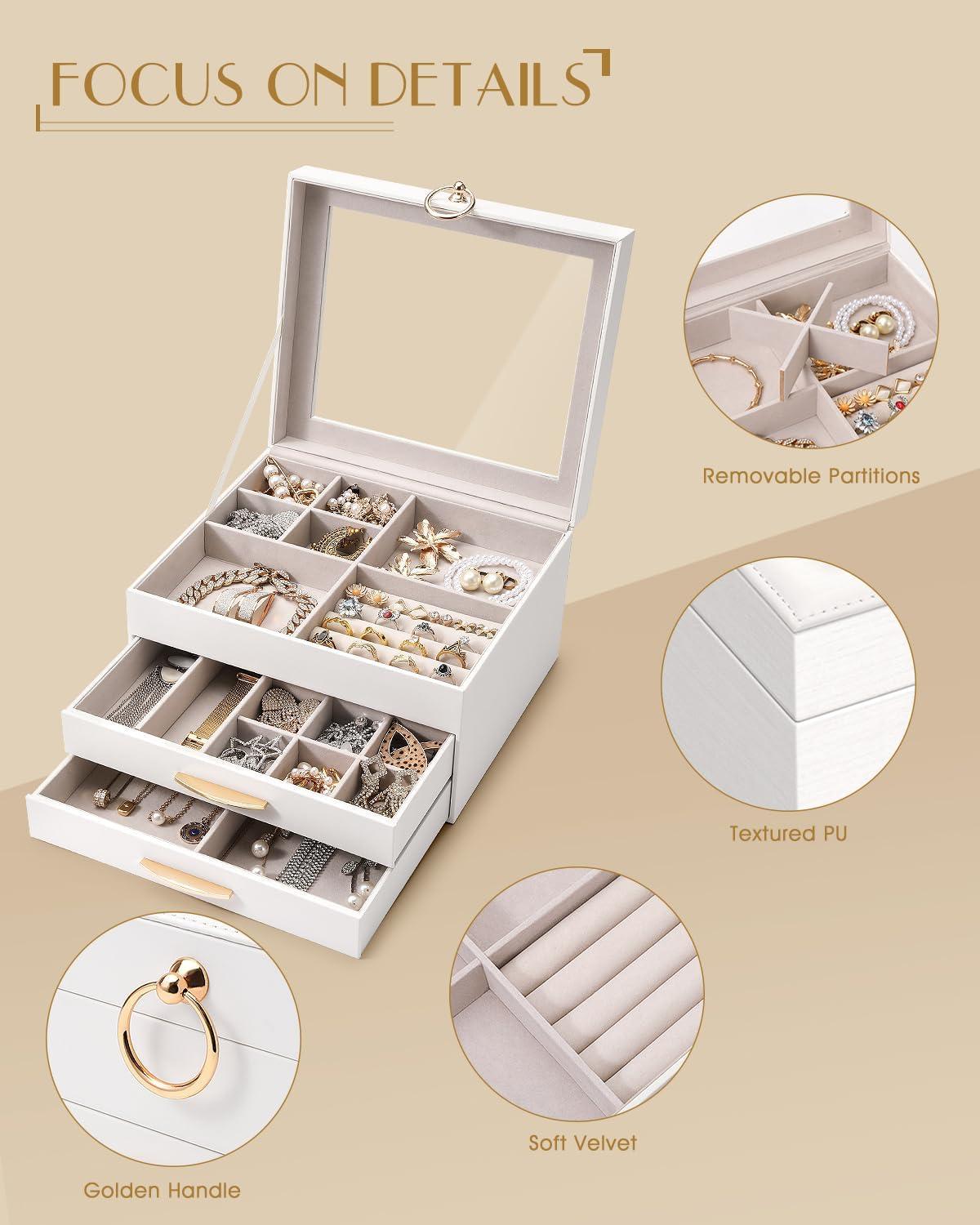 imageSOLEDI Christmas Gift Jewelry Box for Women Elegant Jewelry Organizers and Storage 3Layer 2 Drawers with Glass Lid 102876 inches Jewelry Storag WhiteWhite