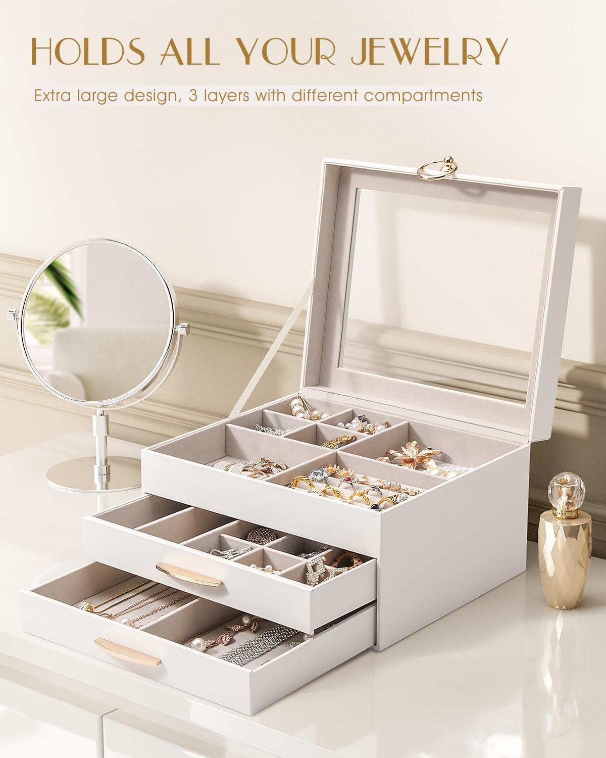 imageSOLEDI Christmas Gift Jewelry Box for Women Elegant Jewelry Organizers and Storage 3Layer 2 Drawers with Glass Lid 102876 inches Jewelry Storag WhiteWhite
