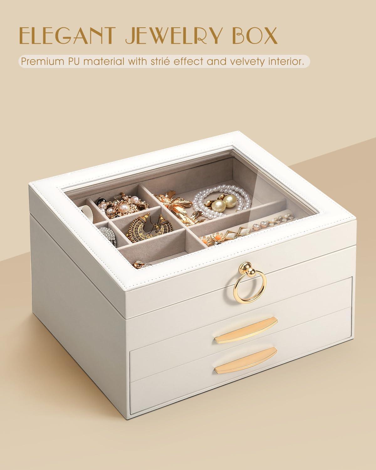 imageSOLEDI Christmas Gift Jewelry Box for Women Elegant Jewelry Organizers and Storage 3Layer 2 Drawers with Glass Lid 102876 inches Jewelry Storag WhiteWhite