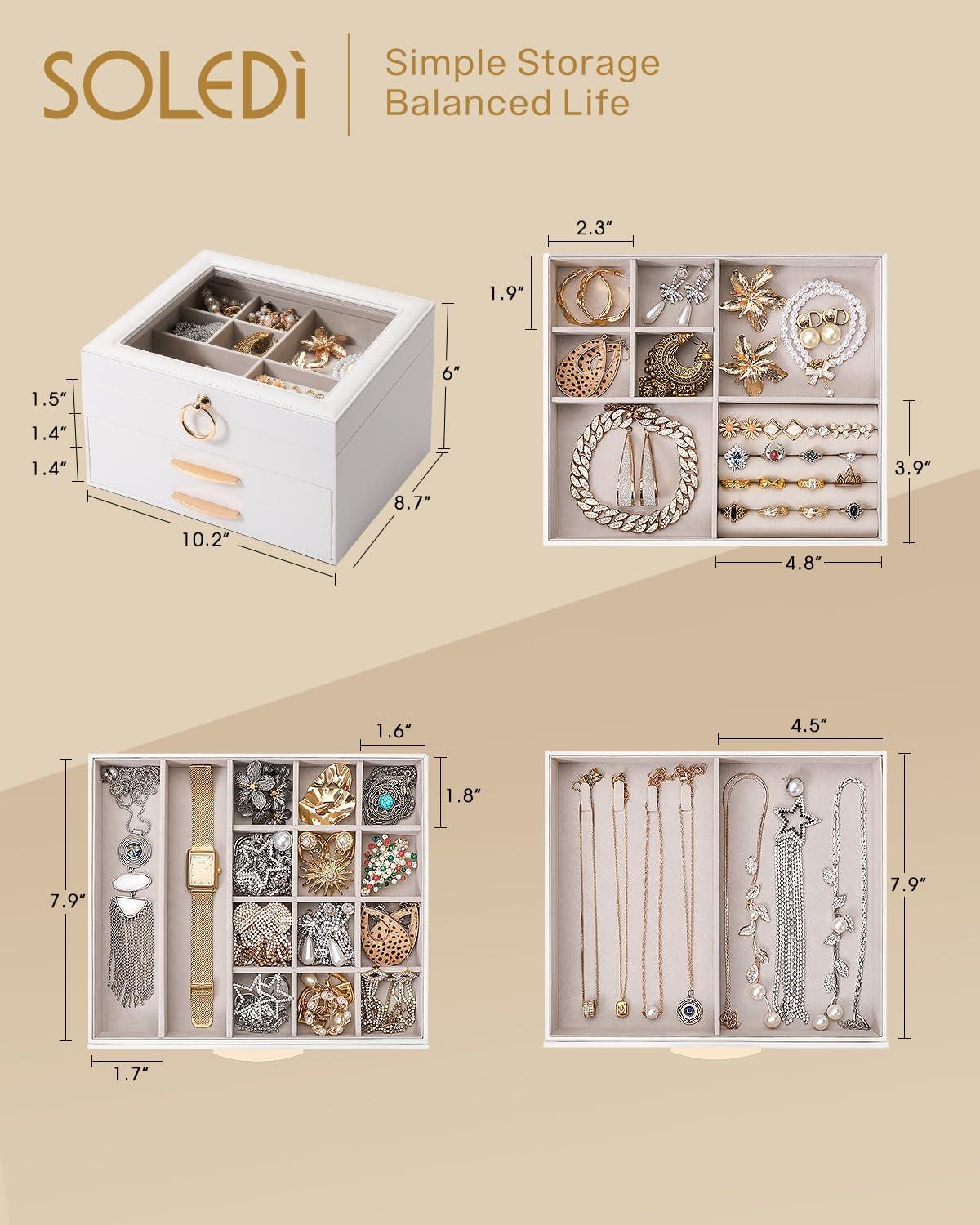 imageSOLEDI Christmas Gift Jewelry Box for Women Elegant Jewelry Organizers and Storage 3Layer 2 Drawers with Glass Lid 102876 inches Jewelry Storag WhiteWhite