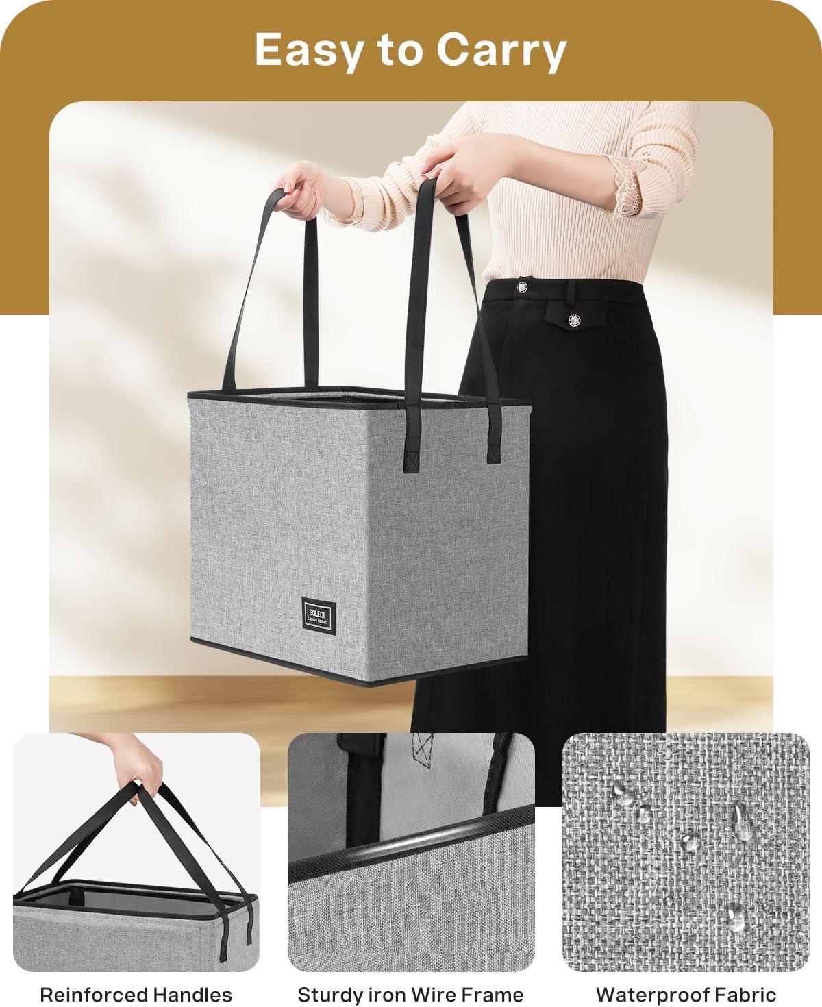 imageSOLEDI Collapsible Laundry Baskets 2Pack 50L 13 Gal Collapsible Laundry Tote with Extended Easy Carry Handle Sturdy Iron Wire Frame Freestanding Clothes Basket for Bathroom Bedroom Dorm Grey