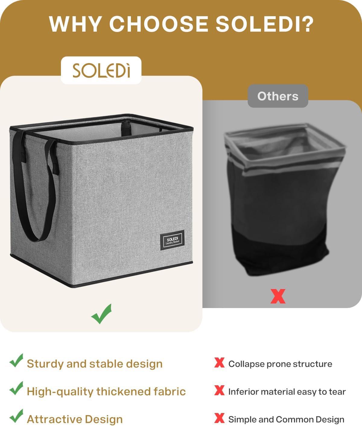 imageSOLEDI Collapsible Laundry Baskets 2Pack 50L 13 Gal Collapsible Laundry Tote with Extended Easy Carry Handle Sturdy Iron Wire Frame Freestanding Clothes Basket for Bathroom Bedroom Dorm Grey