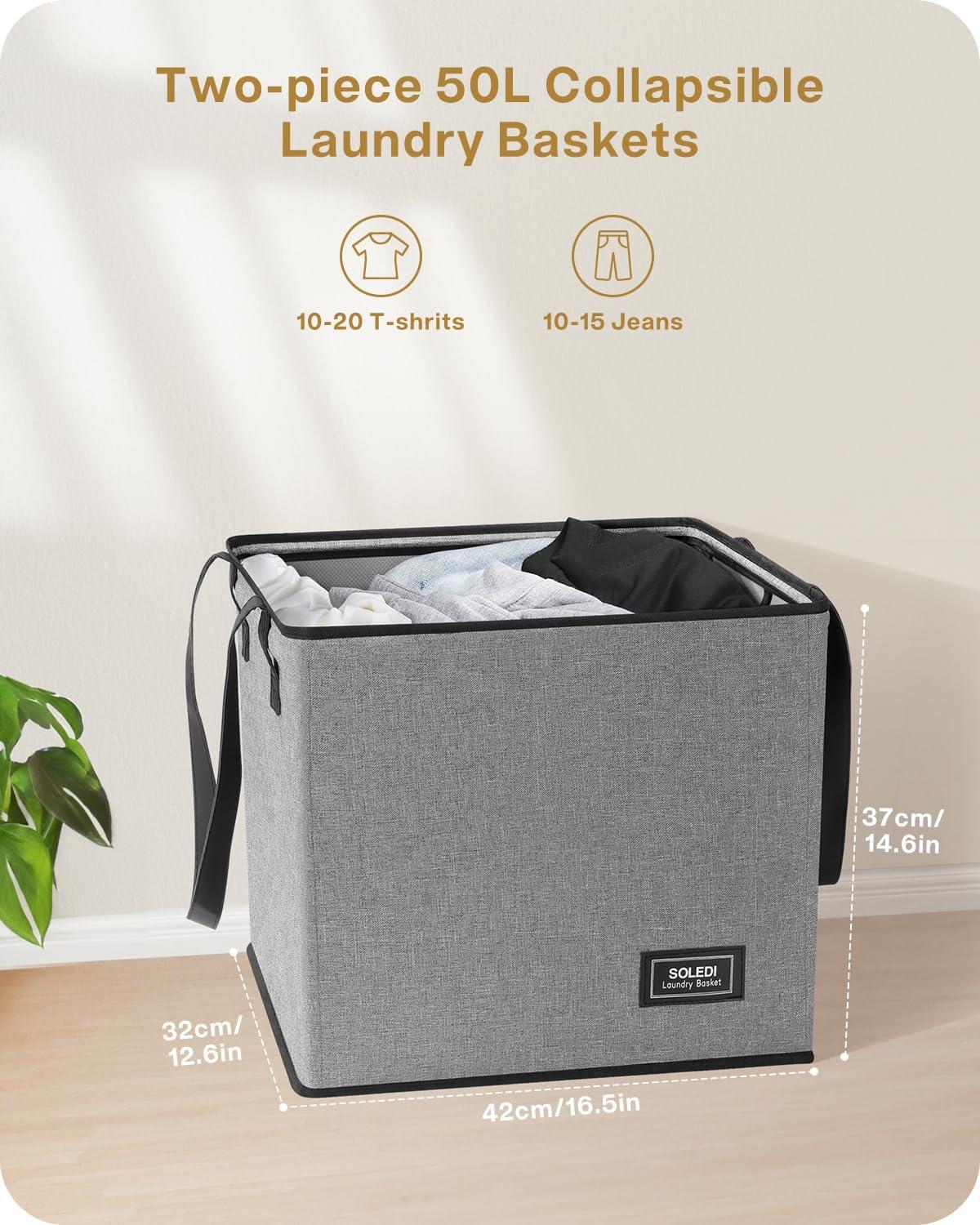 imageSOLEDI Collapsible Laundry Baskets 2Pack 50L 13 Gal Collapsible Laundry Tote with Extended Easy Carry Handle Sturdy Iron Wire Frame Freestanding Clothes Basket for Bathroom Bedroom Dorm Grey