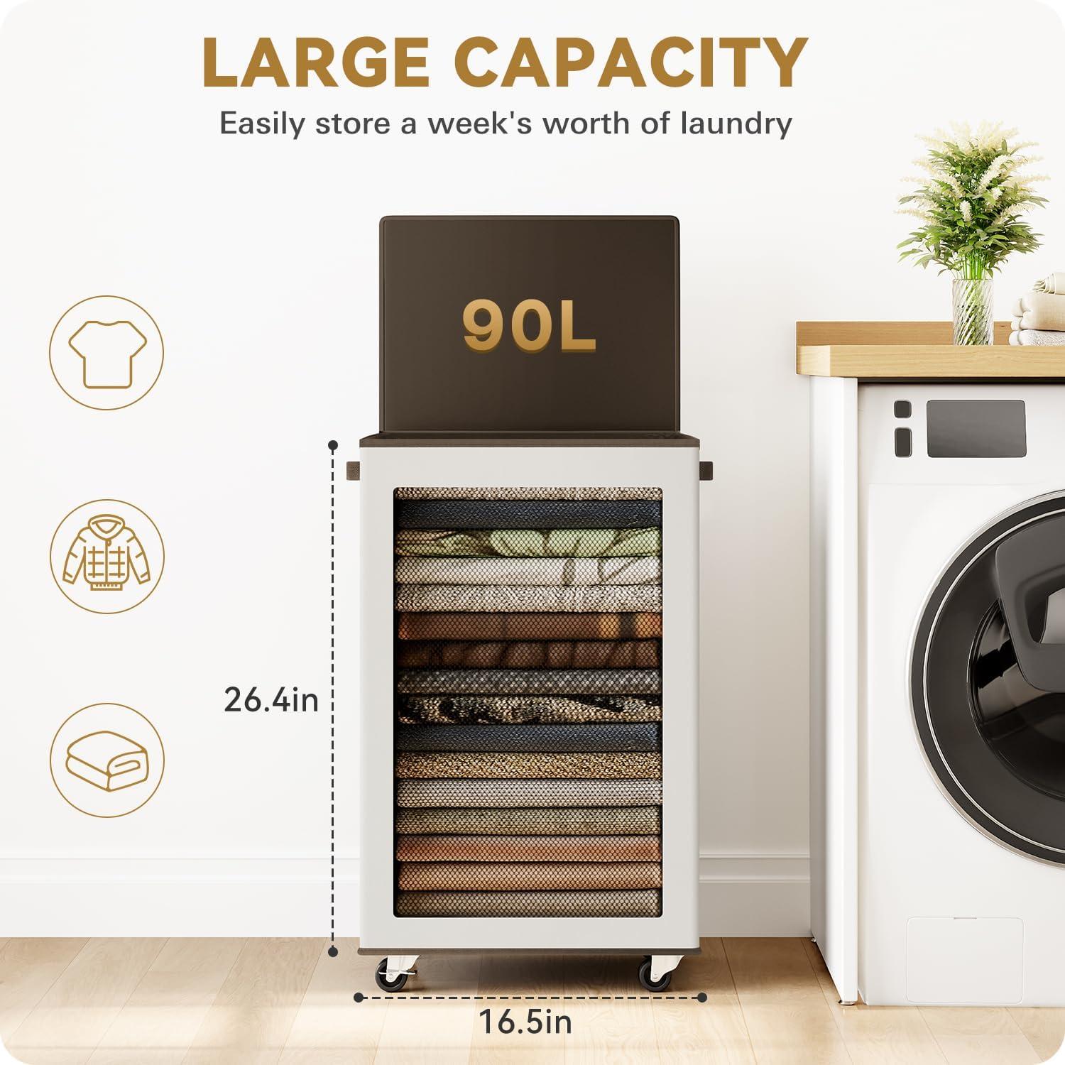 imageSOLEDI Laundry Basket with Wheels Laundry Hamper with Lid 90L238 gal Clothes Hamper with Bag Removable Rolling Laundry Basket Move Smoothly Suitable for Apartment Bathroom Bedroom Dorm