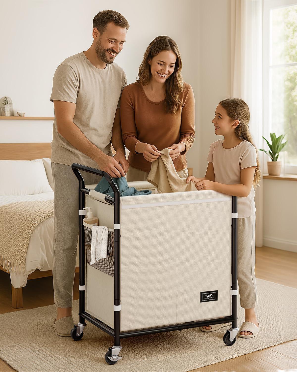 imageSOLEDI Laundry Basket with Wheels38 Gallons145L Laundry Hamper 2 SectionSturdy Metal Frame with HandleLaundry CartRolling Laundry Basket for Bedroom AestheticEasy to AssembleIvoryIvory