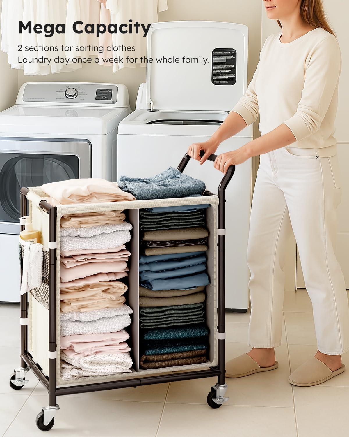 imageSOLEDI Laundry Basket with Wheels38 Gallons145L Laundry Hamper 2 SectionSturdy Metal Frame with HandleLaundry CartRolling Laundry Basket for Bedroom AestheticEasy to AssembleIvoryIvory