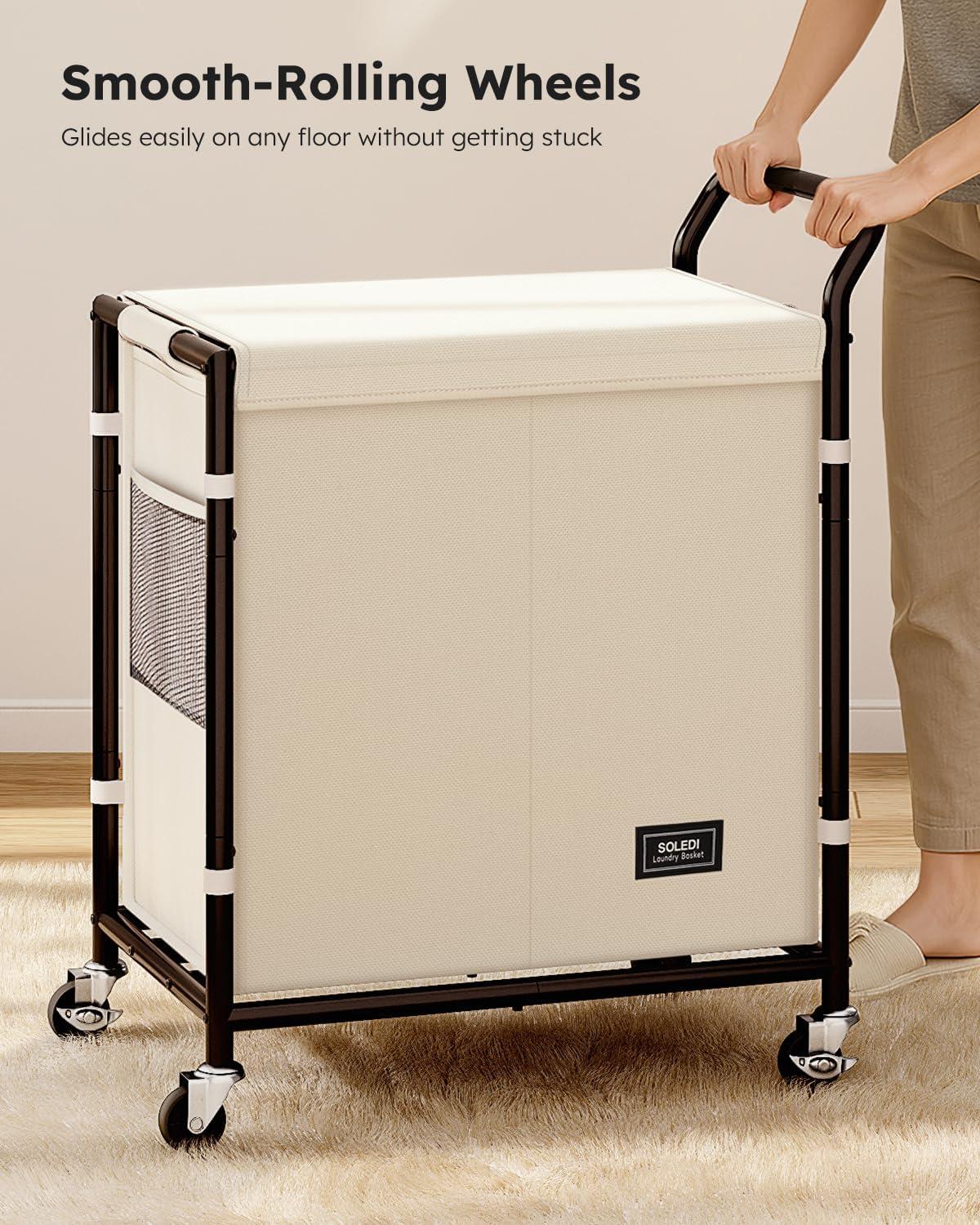 imageSOLEDI Laundry Basket with Wheels38 Gallons145L Laundry Hamper 2 SectionSturdy Metal Frame with HandleLaundry CartRolling Laundry Basket for Bedroom AestheticEasy to AssembleIvoryIvory