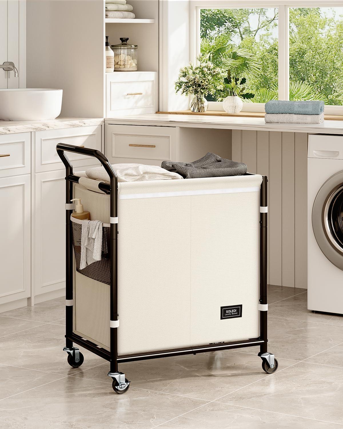 imageSOLEDI Laundry Basket with Wheels38 Gallons145L Laundry Hamper 2 SectionSturdy Metal Frame with HandleLaundry CartRolling Laundry Basket for Bedroom AestheticEasy to AssembleIvoryIvory