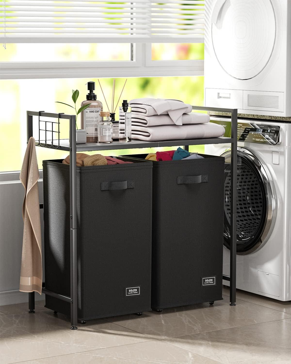 imageSOLEDI Laundry Hamper 2 Section 120L Double Laundry Basket with Wheels Laundry Hamper with Storage Shelf Laundry Sorter Organizer for Laundry Room Batheroom Bedroom Gray