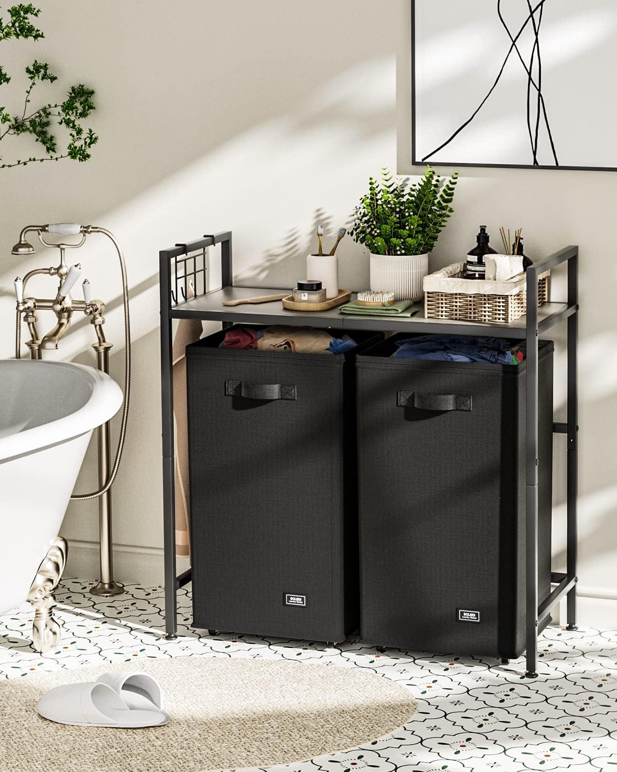 imageSOLEDI Laundry Hamper 2 Section 120L Double Laundry Basket with Wheels Laundry Hamper with Storage Shelf Laundry Sorter Organizer for Laundry Room Batheroom Bedroom Gray