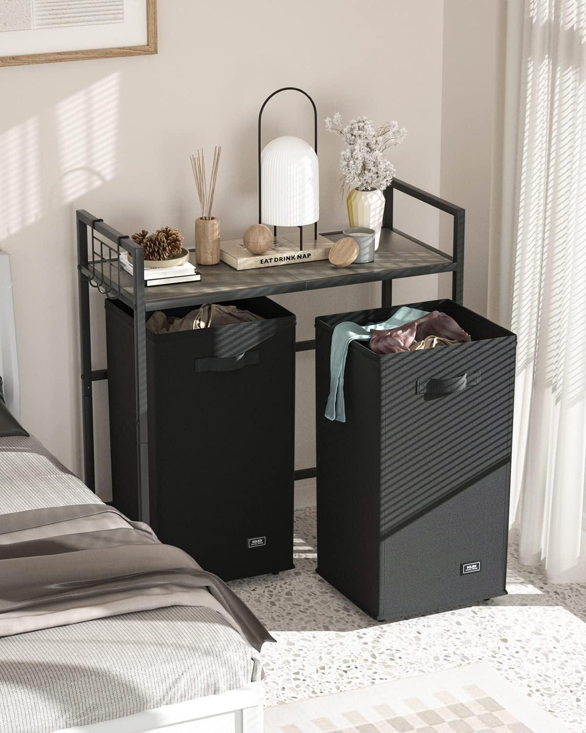 imageSOLEDI Laundry Hamper 2 Section 120L Double Laundry Basket with Wheels Laundry Hamper with Storage Shelf Laundry Sorter Organizer for Laundry Room Batheroom Bedroom Gray