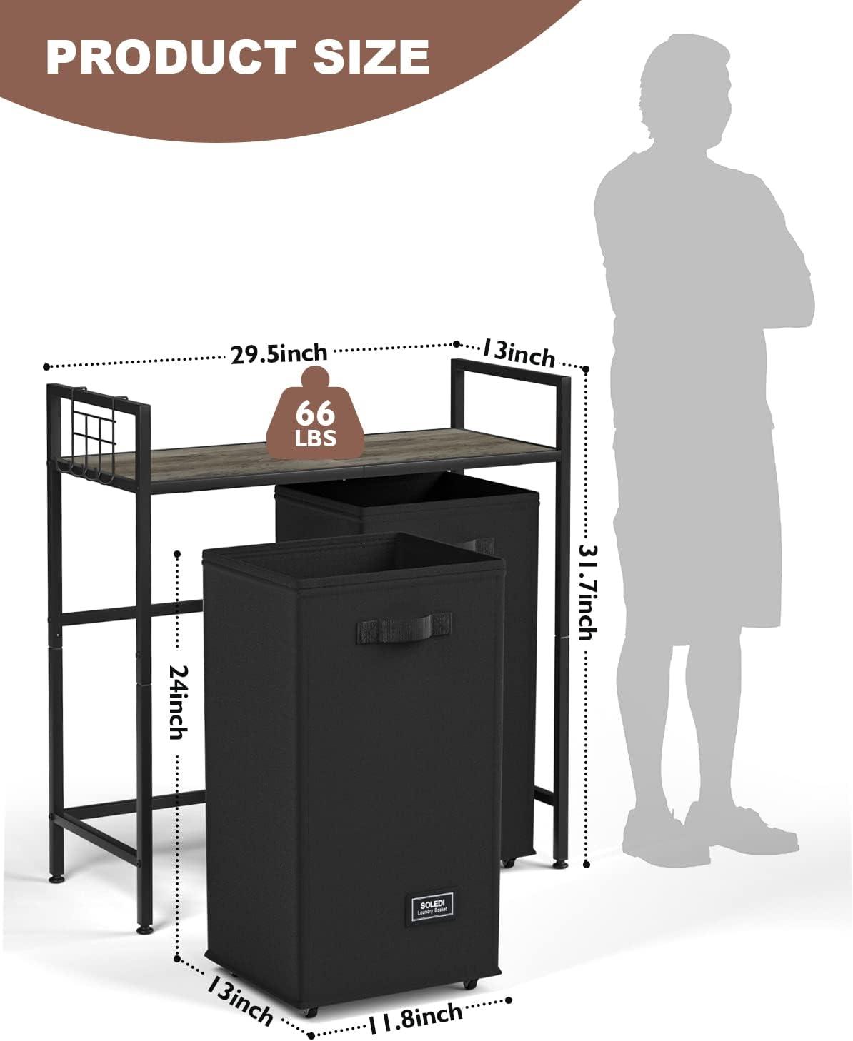 imageSOLEDI Laundry Hamper 2 Section 120L Double Laundry Basket with Wheels Laundry Hamper with Storage Shelf Laundry Sorter Organizer for Laundry Room Batheroom Bedroom Gray
