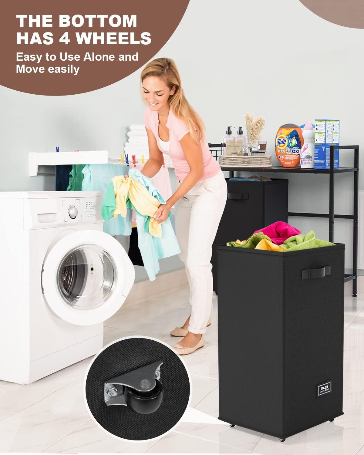imageSOLEDI Laundry Hamper 2 Section 120L Double Laundry Basket with Wheels Laundry Hamper with Storage Shelf Laundry Sorter Organizer for Laundry Room Batheroom Bedroom Gray