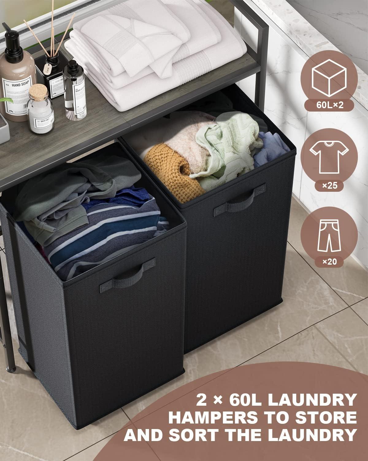 imageSOLEDI Laundry Hamper 2 Section 120L Double Laundry Basket with Wheels Laundry Hamper with Storage Shelf Laundry Sorter Organizer for Laundry Room Batheroom Bedroom Gray