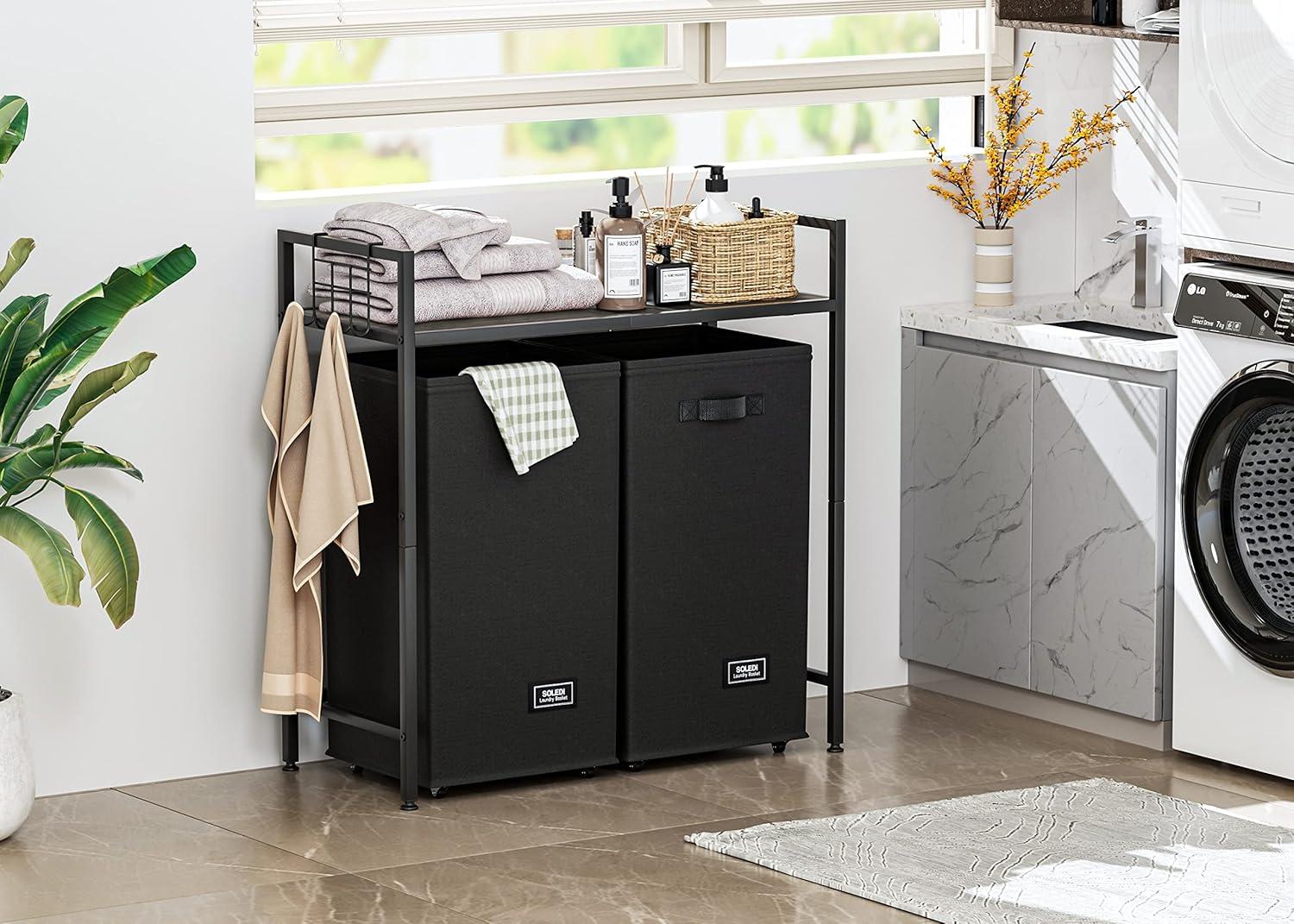 imageSOLEDI Laundry Hamper 2 Section 120L Double Laundry Basket with Wheels Laundry Hamper with Storage Shelf Laundry Sorter Organizer for Laundry Room Batheroom Bedroom Gray