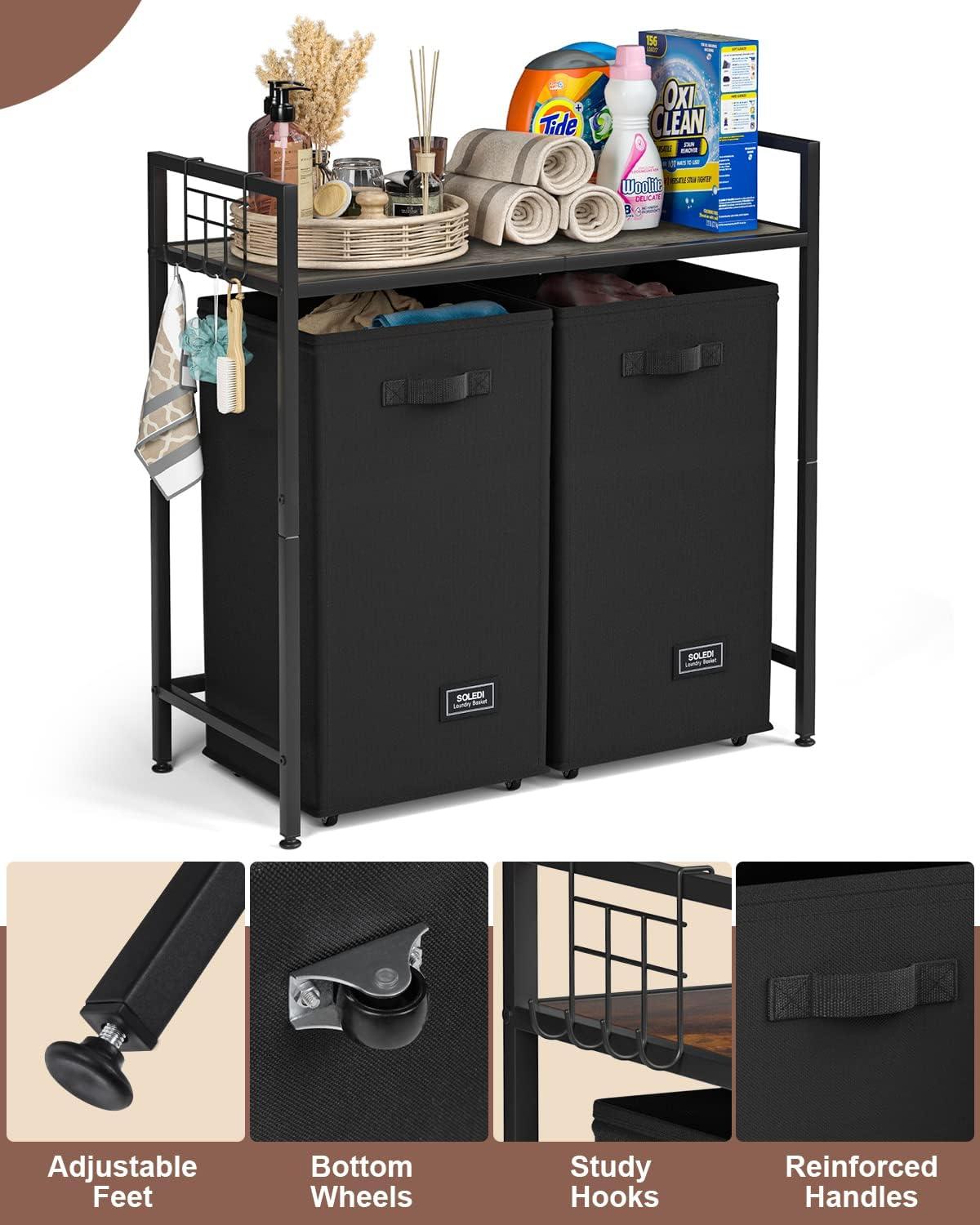 imageSOLEDI Laundry Hamper 2 Section 120L Double Laundry Basket with Wheels Laundry Hamper with Storage Shelf Laundry Sorter Organizer for Laundry Room Batheroom Bedroom Gray