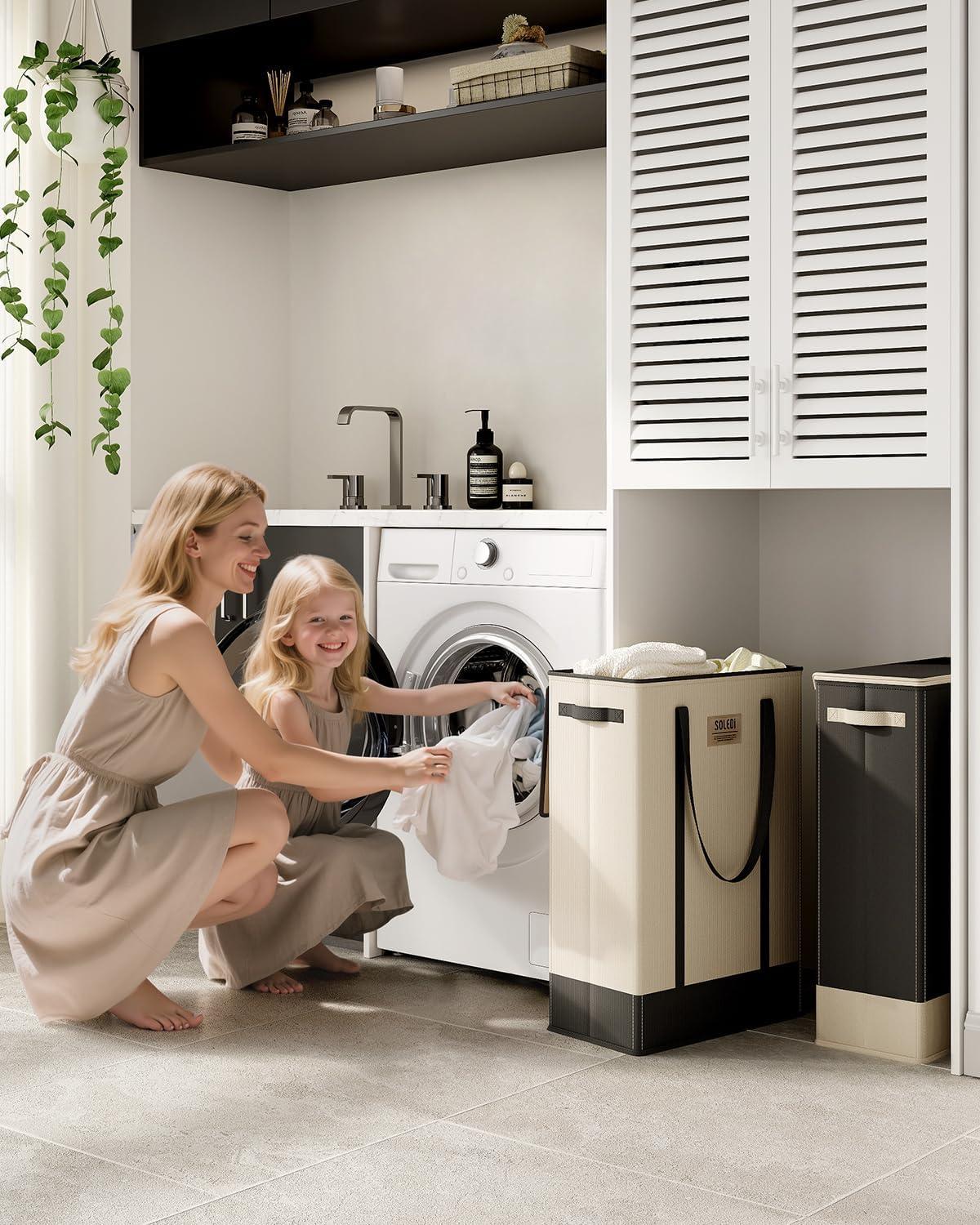 imageSOLEDI Slim Laundry Hamper with LidCollapsible Narrow Laundry Basket with HandlesTall Skinny Dirty Clothes Hamper for for Laundry RoomDormBathroomBedroomand Small Spaces 53L BlackBeige