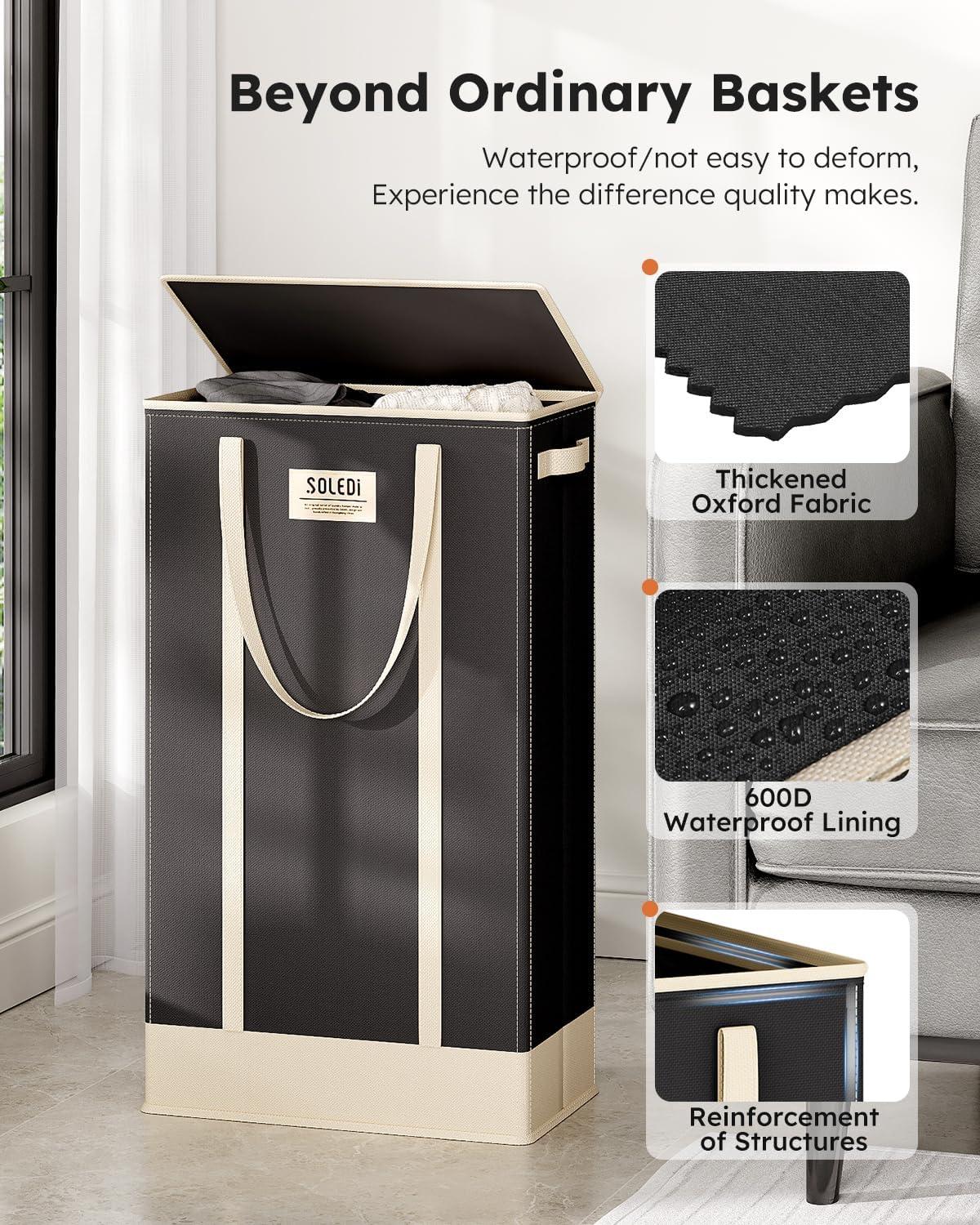 imageSOLEDI Slim Laundry Hamper with LidCollapsible Narrow Laundry Basket with HandlesTall Skinny Dirty Clothes Hamper for for Laundry RoomDormBathroomBedroomand Small Spaces 53L BlackBlack