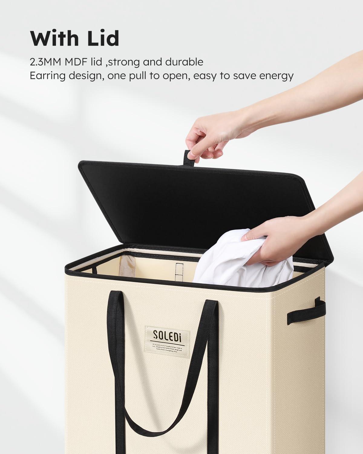 imageSOLEDI Slim Laundry Hamper with LidCollapsible Narrow Laundry Basket with HandlesTall Skinny Dirty Clothes Hamper for for Laundry RoomDormBathroomBedroomand Small Spaces 53L BlackBeige