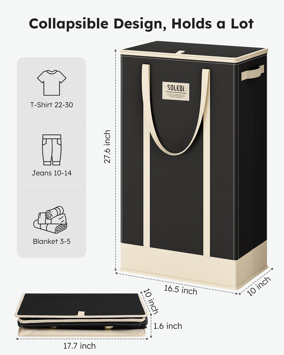 imageSOLEDI Slim Laundry Hamper with LidCollapsible Narrow Laundry Basket with HandlesTall Skinny Dirty Clothes Hamper for for Laundry RoomDormBathroomBedroomand Small Spaces 53L BlackBlack