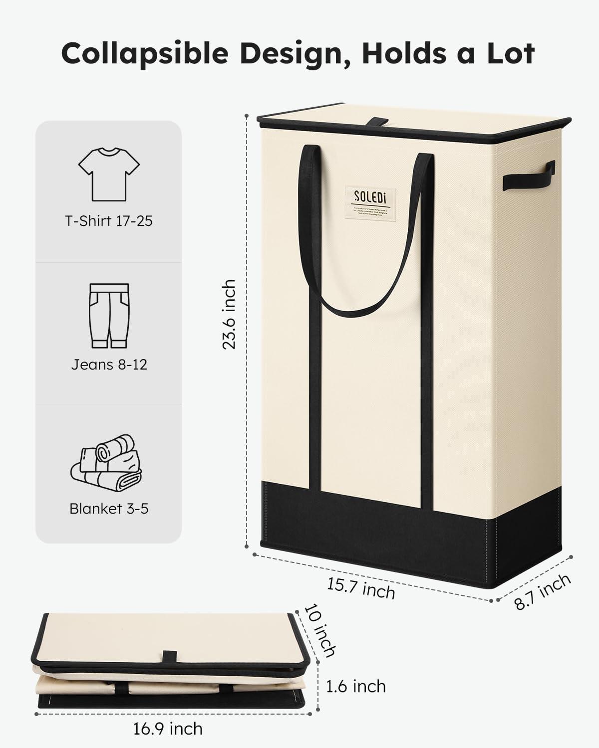 imageSOLEDI Slim Laundry Hamper with LidCollapsible Narrow Laundry Basket with HandlesTall Skinny Dirty Clothes Hamper for for Laundry RoomDormBathroomBedroomand Small Spaces 53L BlackBeige