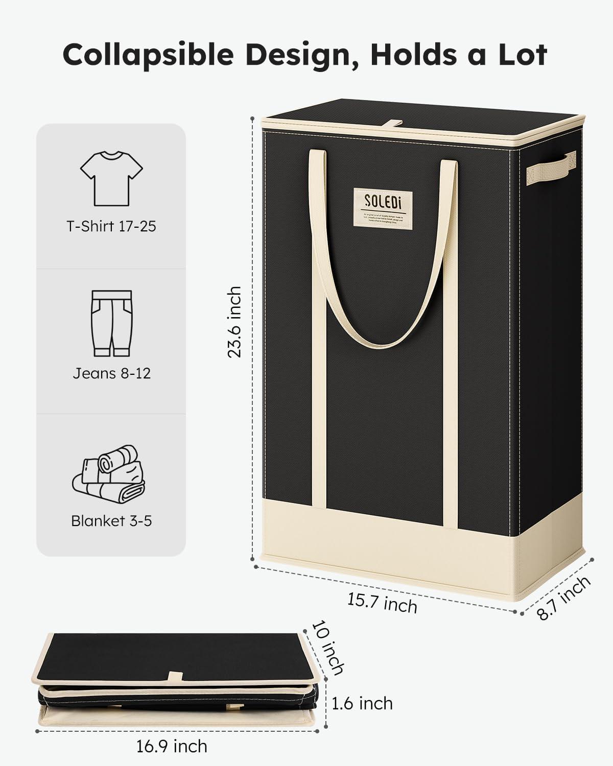 imageSOLEDI Slim Laundry Hamper with LidCollapsible Narrow Laundry Basket with HandlesTall Skinny Dirty Clothes Hamper for for Laundry RoomDormBathroomBedroomand Small Spaces 53L BlackBlack