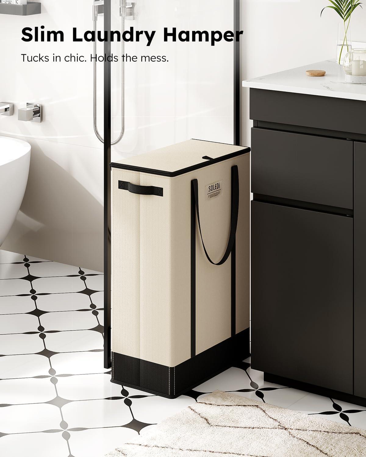 imageSOLEDI Slim Laundry Hamper with LidCollapsible Narrow Laundry Basket with HandlesTall Skinny Dirty Clothes Hamper for for Laundry RoomDormBathroomBedroomand Small Spaces 53L BlackBeige
