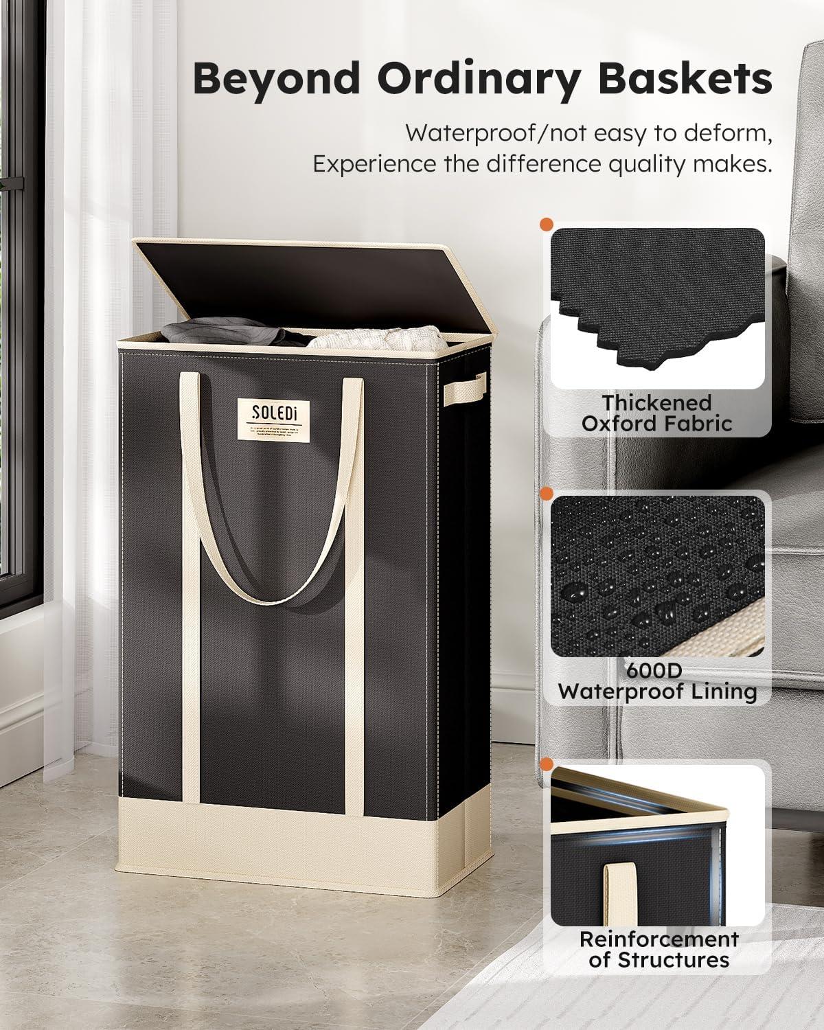 imageSOLEDI Slim Laundry Hamper with LidCollapsible Narrow Laundry Basket with HandlesTall Skinny Dirty Clothes Hamper for for Laundry RoomDormBathroomBedroomand Small Spaces 53L BlackBlack