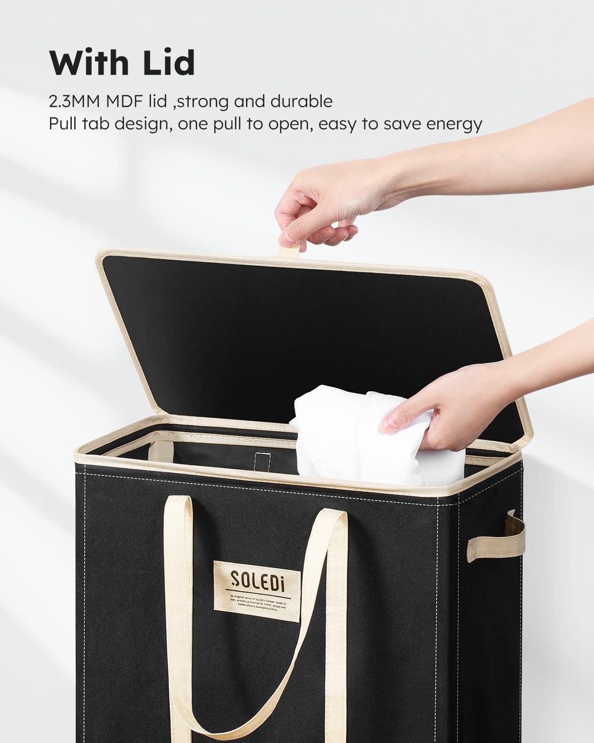 imageSOLEDI Slim Laundry Hamper with LidCollapsible Narrow Laundry Basket with HandlesTall Skinny Dirty Clothes Hamper for for Laundry RoomDormBathroomBedroomand Small Spaces 53L BlackBlack