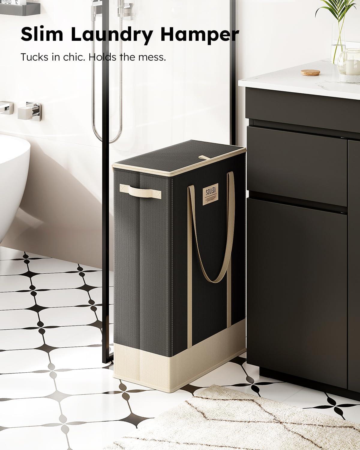 imageSOLEDI Slim Laundry Hamper with LidCollapsible Narrow Laundry Basket with HandlesTall Skinny Dirty Clothes Hamper for for Laundry RoomDormBathroomBedroomand Small Spaces 53L BlackBlack