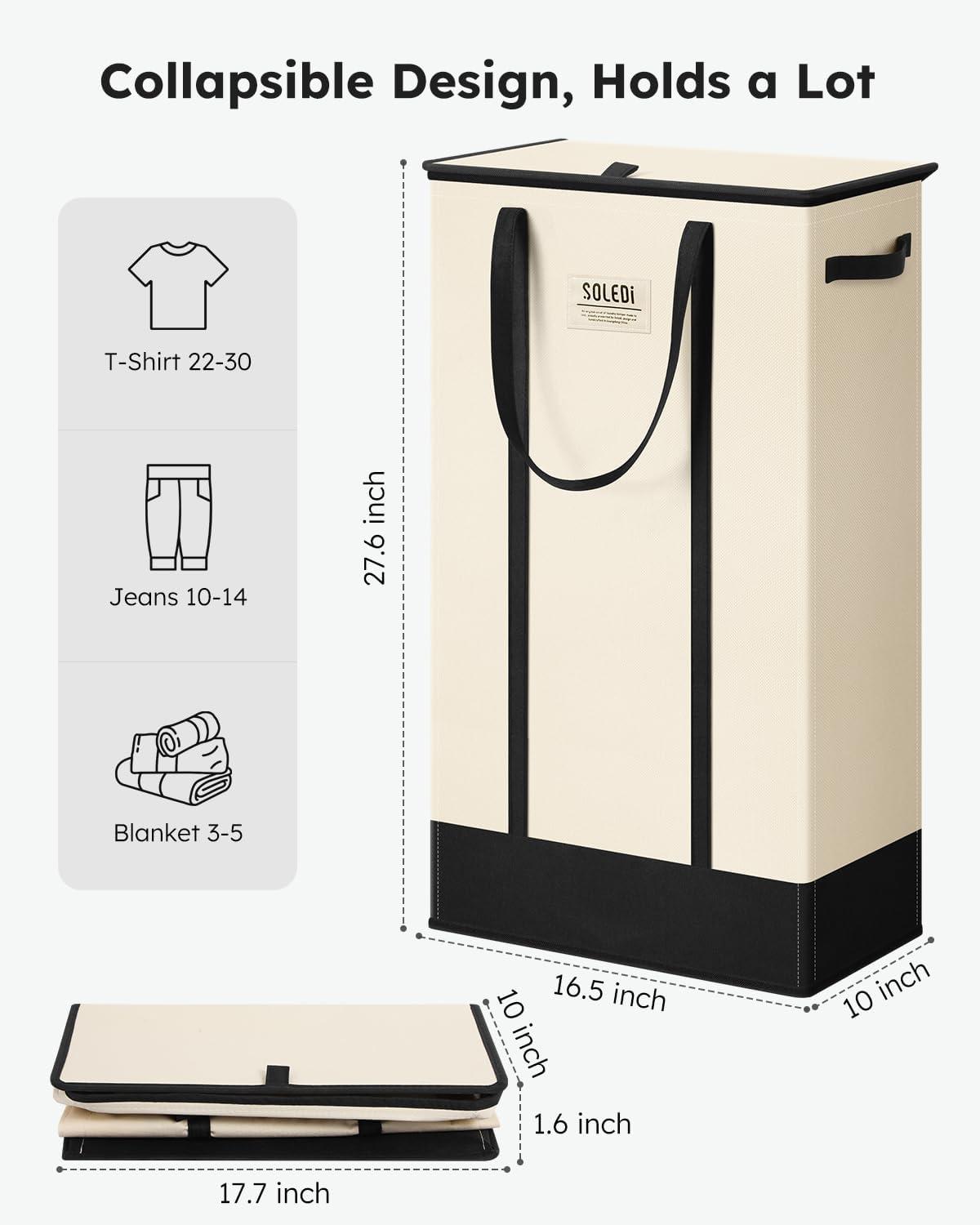 imageSOLEDI Slim Laundry Hamper with LidCollapsible Narrow Laundry Basket with HandlesTall Skinny Dirty Clothes Hamper for for Laundry RoomDormBathroomBedroomand Small Spaces 53L BlackBeige