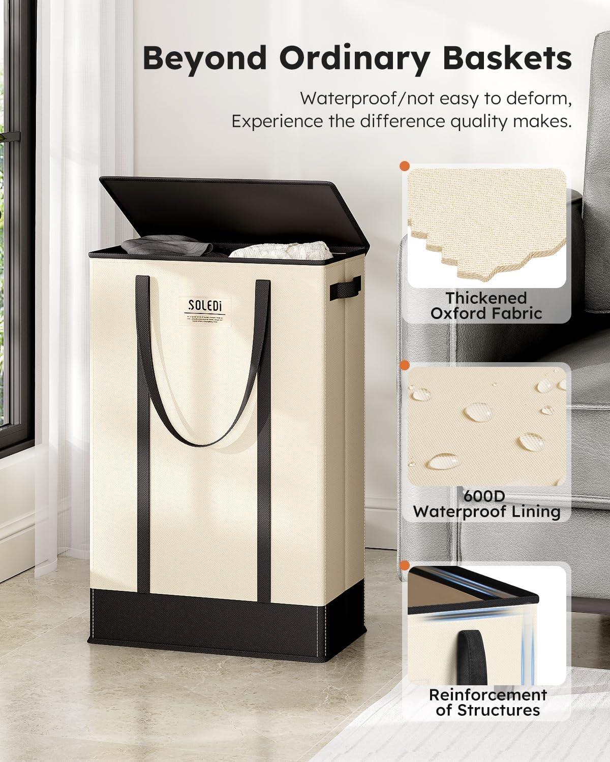 imageSOLEDI Slim Laundry Hamper with LidCollapsible Narrow Laundry Basket with HandlesTall Skinny Dirty Clothes Hamper for for Laundry RoomDormBathroomBedroomand Small Spaces 53L BlackBeige