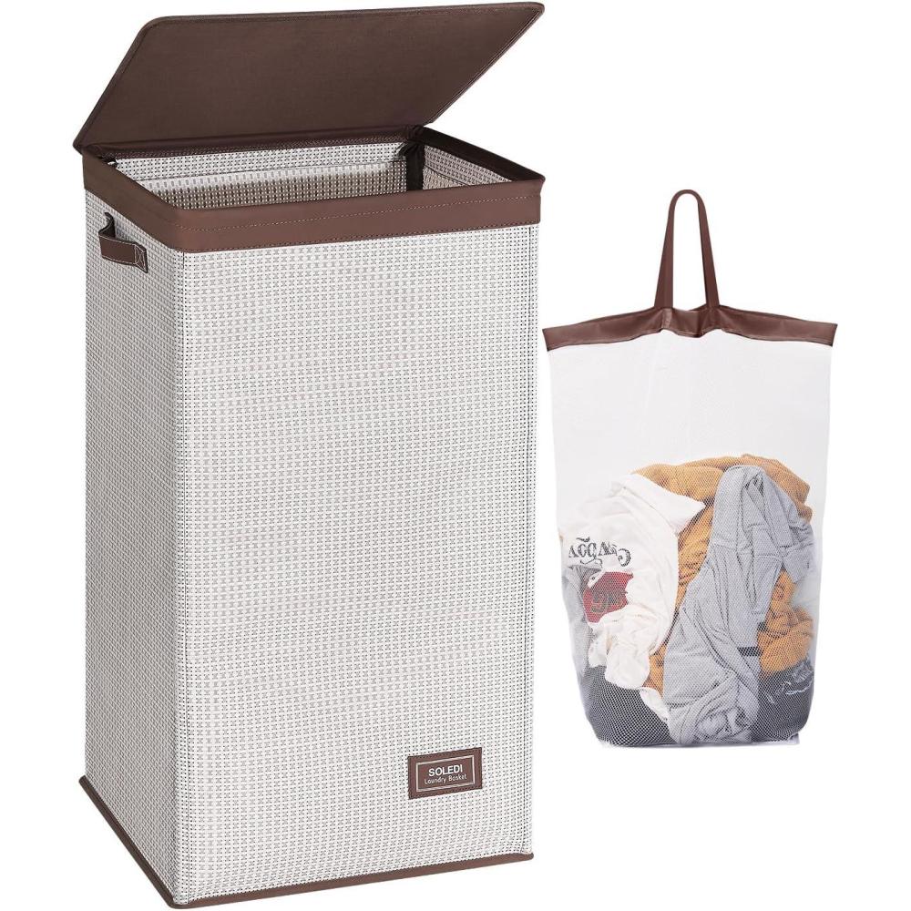 imageSOLEDI 100L Laundry Hamper with Lid Laundry Basket Textilene Waterproof and Durable Clothes Hamper with Bag Removable Easy to Carry Dirty Hamper for Bedroom Bathroom Dorm College Apartment