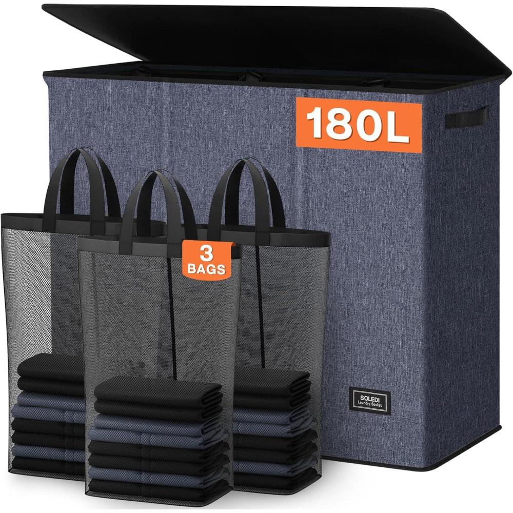 imageSOLEDI 180L Laundry Hamper 3 Section Extra Large Laundry Hamper with Lid Dirty Clothes Hamper with Sturdy Handle Large Laundry Basket Organizer for Laundry Room Bedroom Hampers for LaundryNavy blue